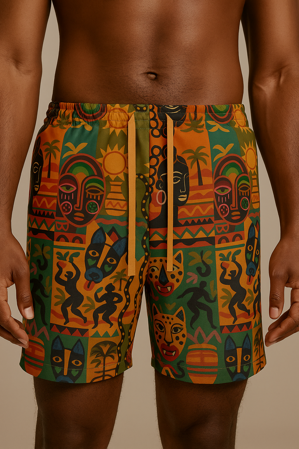 Short Nzinga porté par un mannequin homme, photographie de mode afro luxe en studio, imprimé coloré inspiré de l’art africain contemporain.