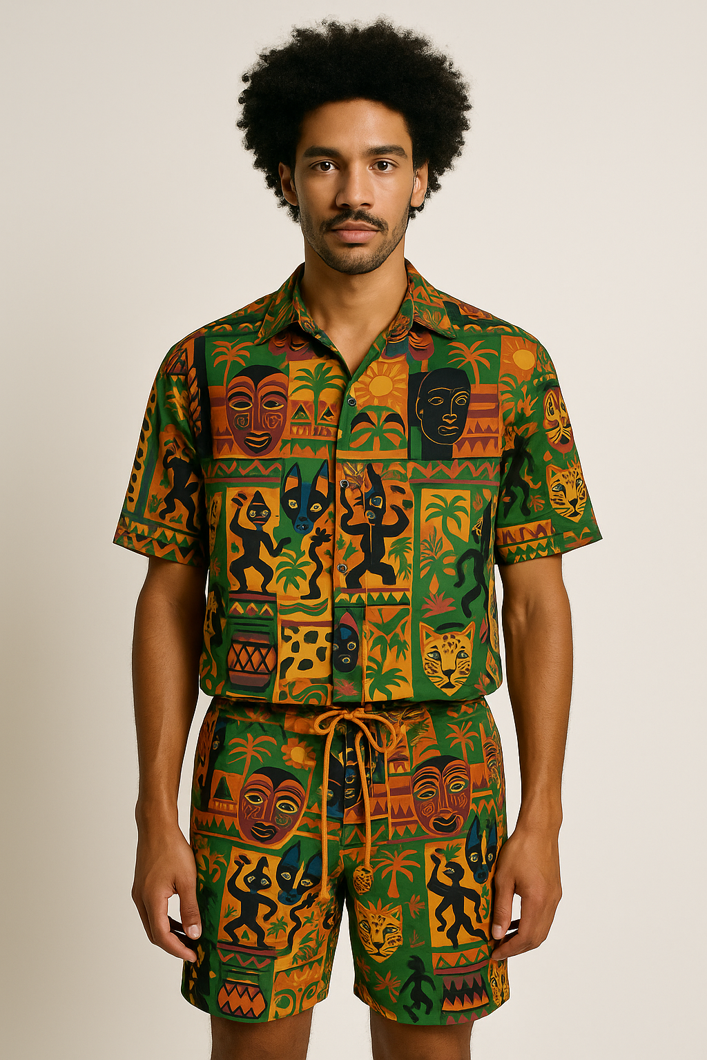 Modèle homme afro métis portant le short Nzinga et la chemise assortie, photographie de mode afro luxe en studio sur fond neutre.