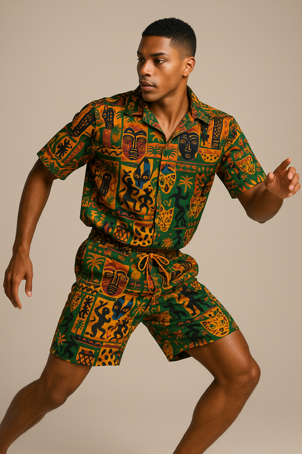 Mannequin afro portant l’ensemble Nzinga, chemise Riviera et short à cordon assortis, style afro luxe exclusif signé Élisabeth Akaïa Kaï.