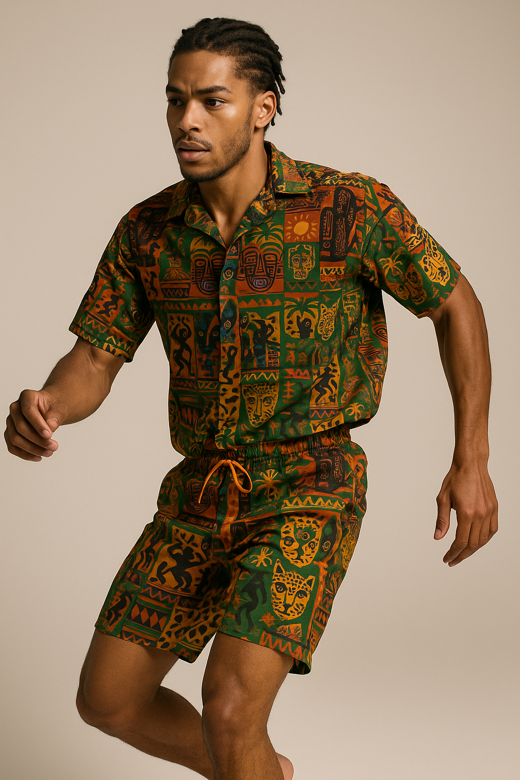 Mannequin afro métis en studio portant le short à cordon Nzinga d’Élisabeth Akaïa Kaï, imprimé artistique afro luxe aux couleurs vibrantes, pose dynamique.