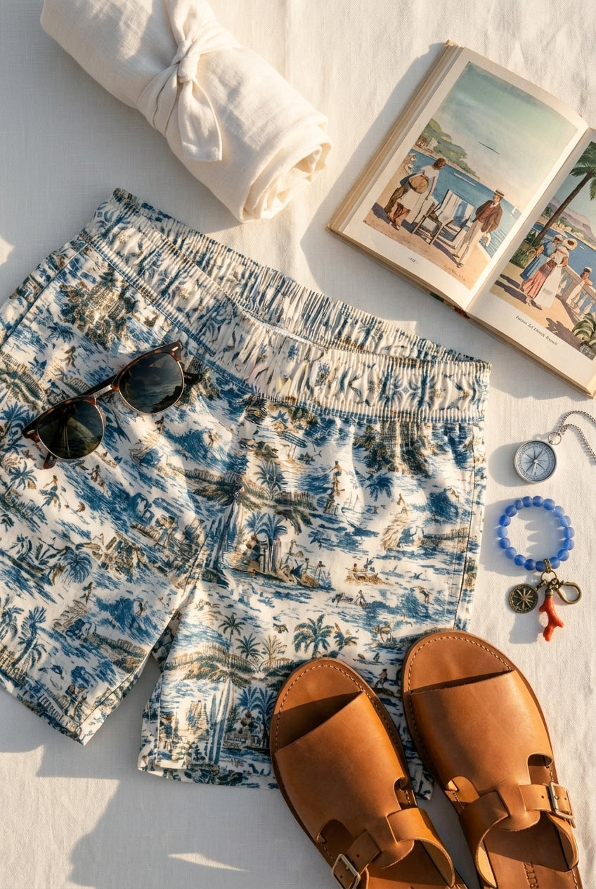 Découvrez l’univers du short de bain BIARRITZ à travers une composition inspirée des vacances d’exception. Imprimé artistique, accessoires raffinés et esthétique French Riviera composent une vision contemporaine du luxe estival masculin.