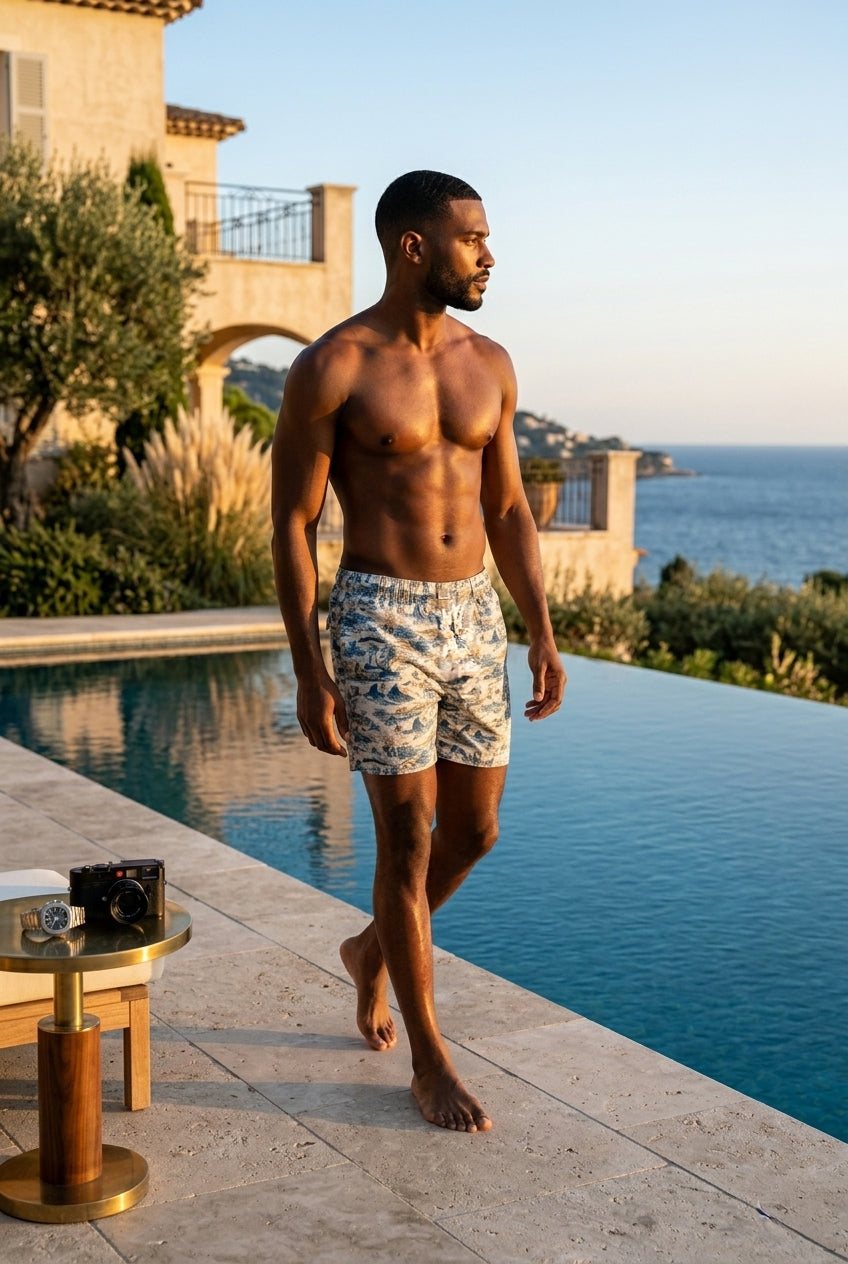 Le short de bain BIARRITZ accompagne une vision sophistiquée de l’été masculin. Entre piscine à débordement, lumière dorée et esthétique resort luxe, cette création célèbre l’art du voyage et du style balnéaire contemporain.