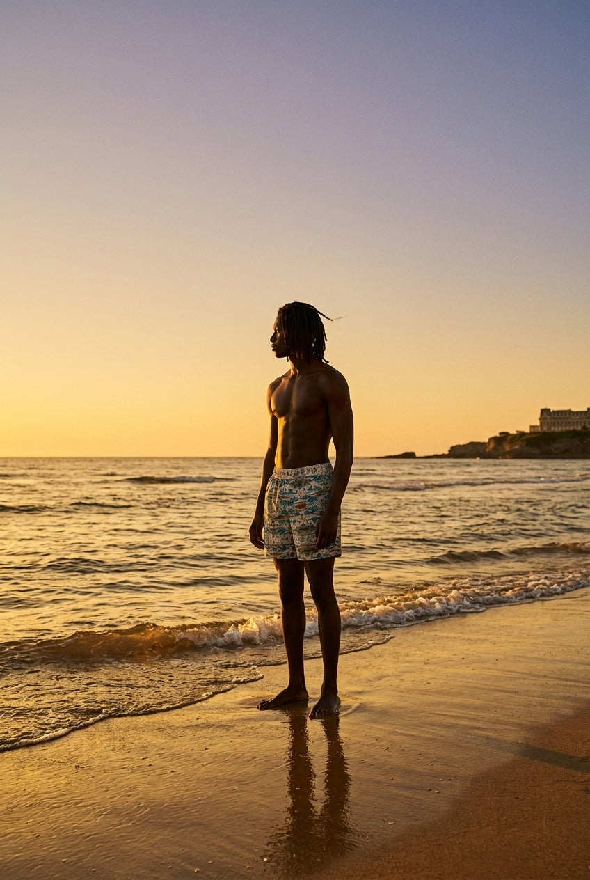 Face à l’océan, le short de bain BIARRITZ révèle toute la poésie de son univers visuel. Une création Élisabeth Akaïa Kaï inspirée des vagues atlantiques, de la lumière d’été et de l’élégance masculine contemporaine.