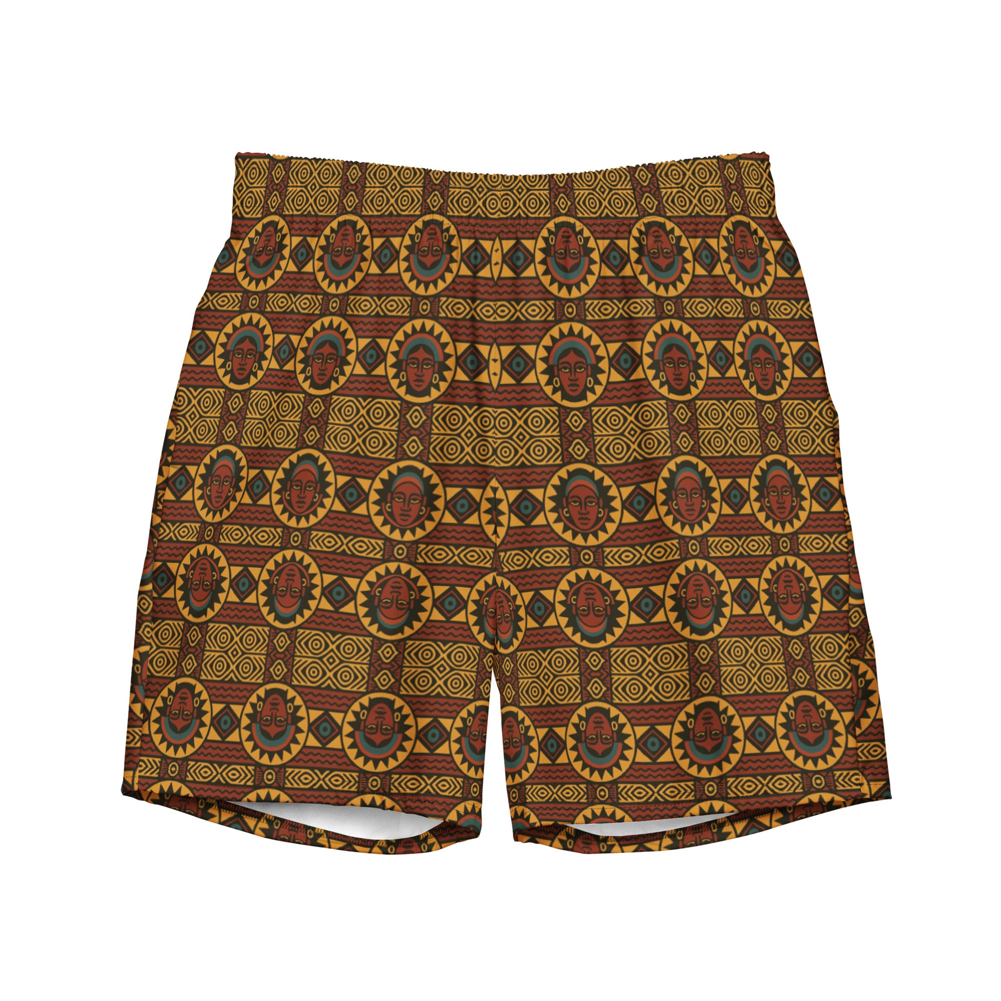 Vue avant du short de bain Kaya Lumina, imprimé intégral avec motifs géométriques et solaires dans les tons jaune, rouge et noir, sur fond neutre.