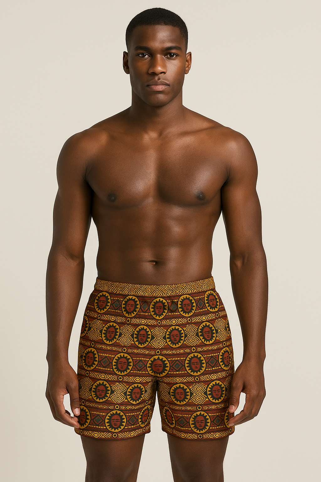 Homme à la peau foncée portant le short de bain Kaya Lumina, imprimé géométrique et solaire aux tons jaune, rouge et noir, présenté en studio sur fond neutre, vue avant.