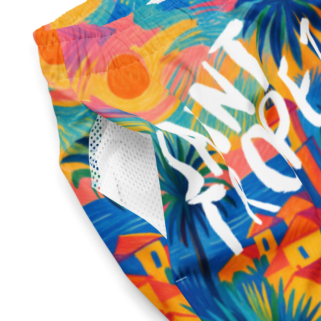 Short de bain homme coloré avec imprimé Saint-Tropez, motif French Riviera, de la marque Elisabeth Akaia Kai