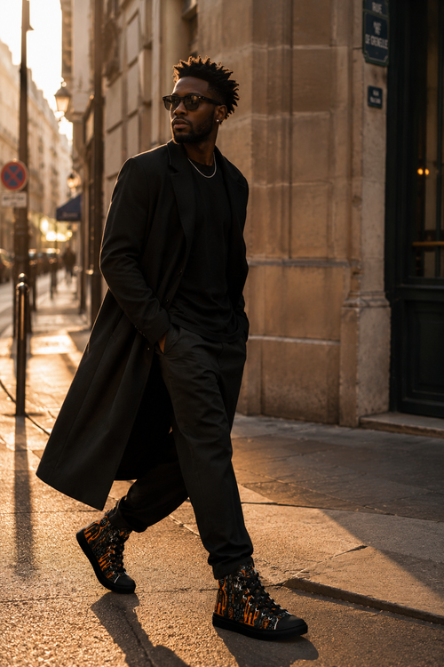 Entre Saint-Germain et Libreville, les sneakers ÉLISABETH AKAÏA KAÏ prennent vie dans une campagne éditoriale au coucher du soleil. Une silhouette contemporaine où art, luxe et identité se rencontrent.