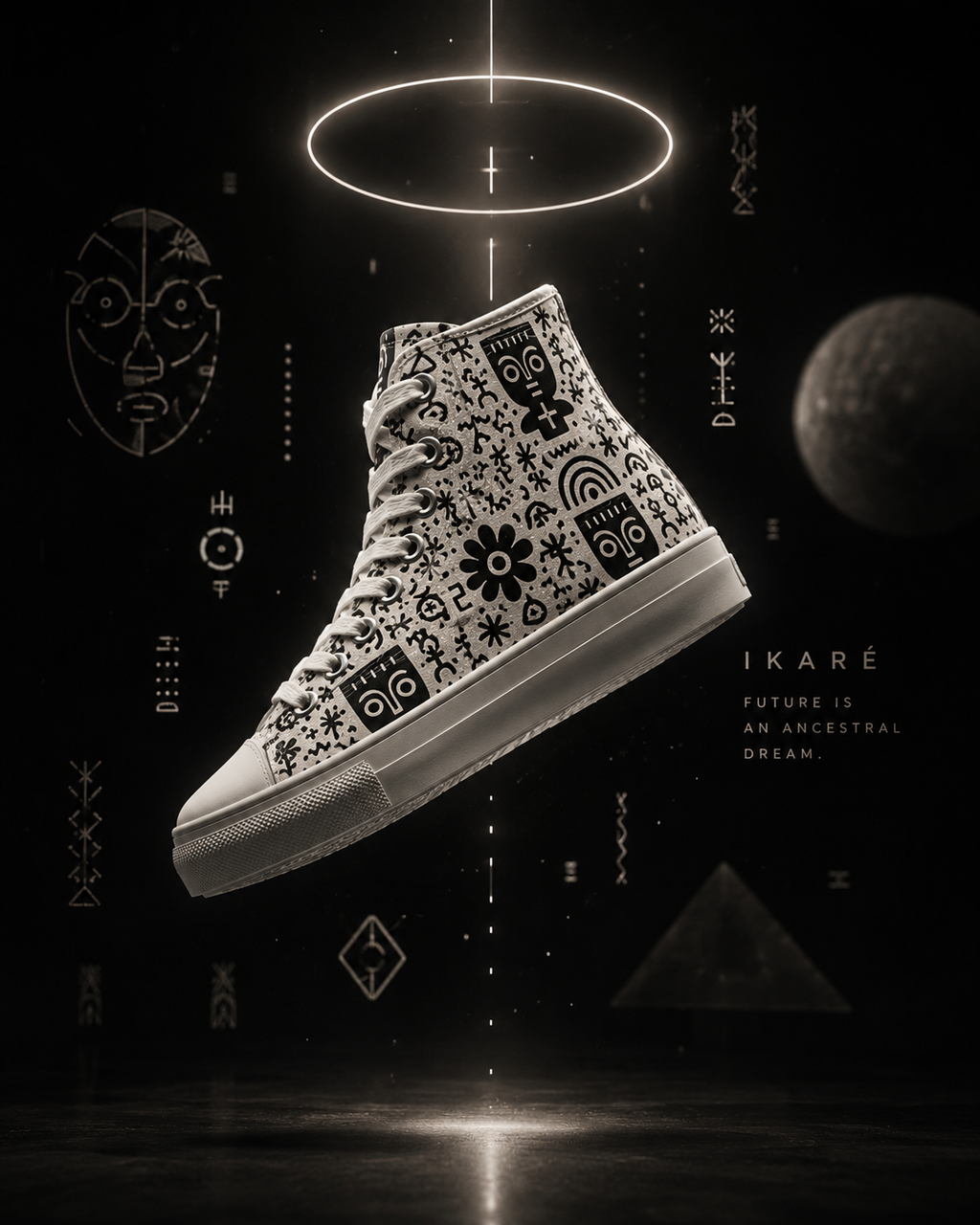 Une campagne mode immersive où les sneakers IKARÉ flottent dans un univers symbolique monochrome mêlant héritage ancestral, innovation visuelle et esthétique futuriste.