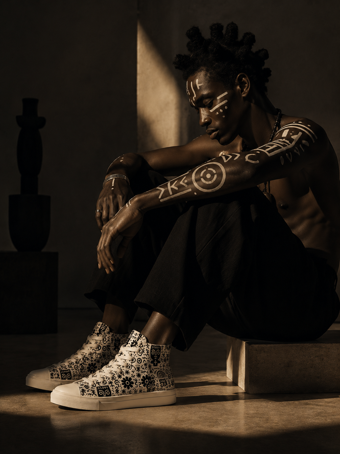 Une campagne éditoriale mêlant body painting contemporain, lumière sculpturale et sneakers IKARÉ pour une vision émotionnelle et spirituelle du luxe artistique.