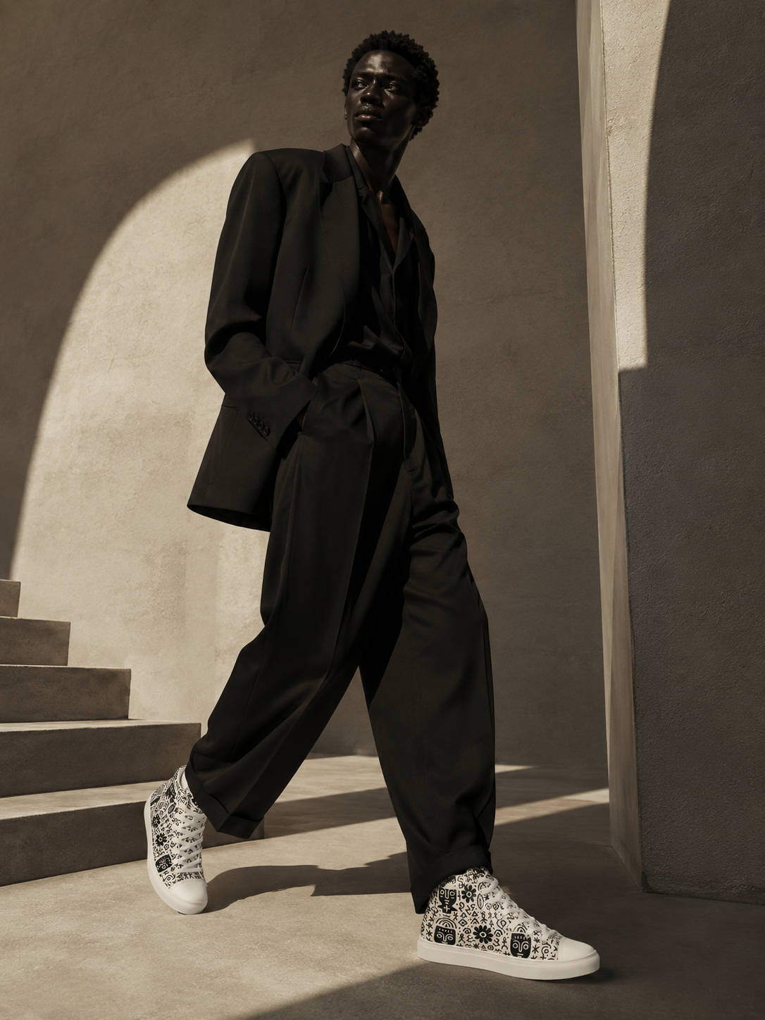 Les sneakers IKARÉ s’intègrent dans une silhouette monochrome sophistiquée mêlant tailoring contemporain et esthétique afro-futuriste. Une vision éditoriale du luxe moderne signée Élisabeth Akaïa Kaï.