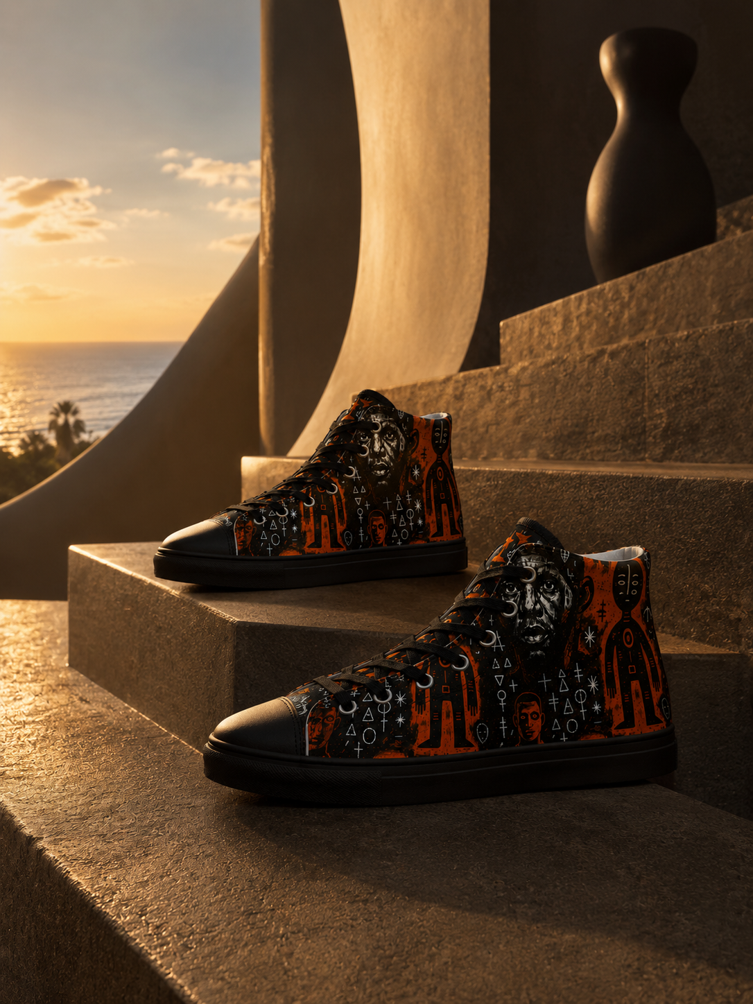 Posées sur des escaliers monumentaux inspirés des influences africaines et méditerranéennes, ces sneakers artistiques deviennent une véritable œuvre portable entre design contemporain et émotion.