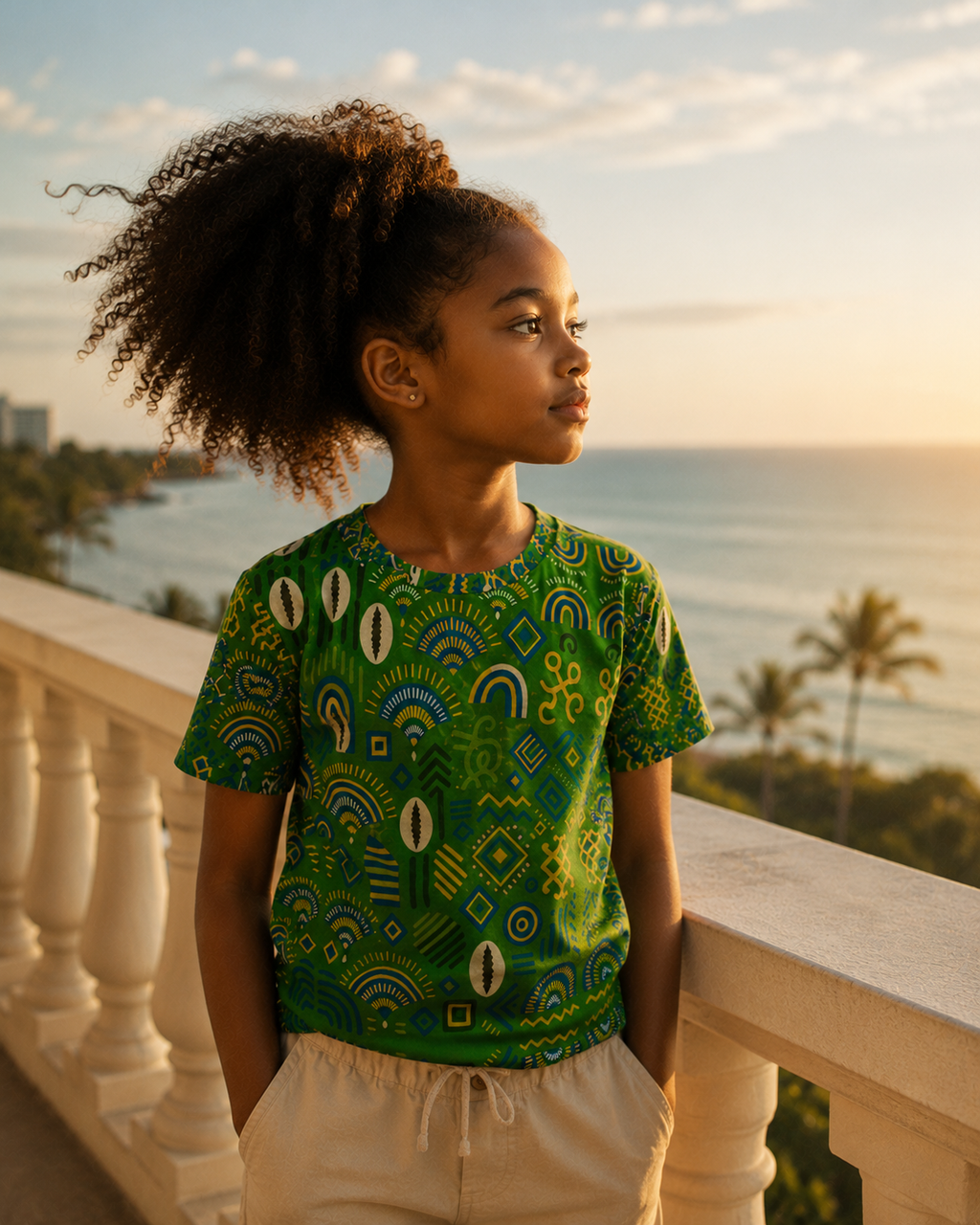 Portrait d'une jeune exploratrice portant le t-shirt Mwana. Une création aux motifs Coris exclusifs qui incarne l'élégance, la confiance et la beauté du luxe africain contemporain.