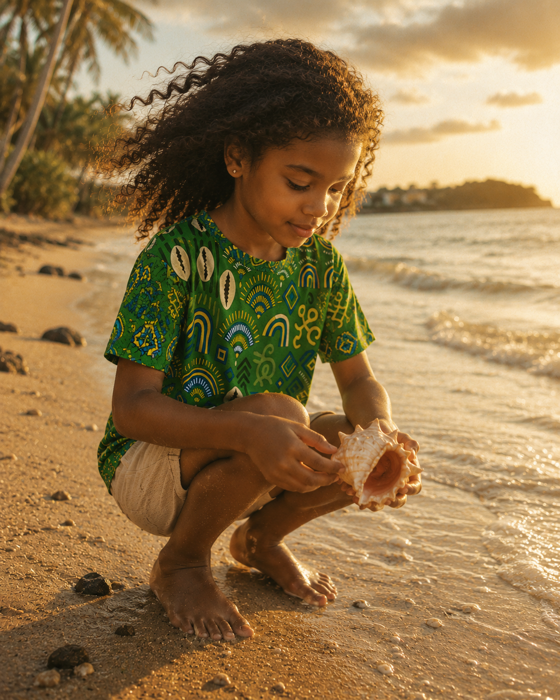 Le t-shirt enfant Mwana accompagne les premières découvertes au bord de l'océan. Une création afro-luxe signée Élisabeth Akaïa Kaï, inspirée des souvenirs d'enfance, du voyage et du patrimoine culturel gabonais.