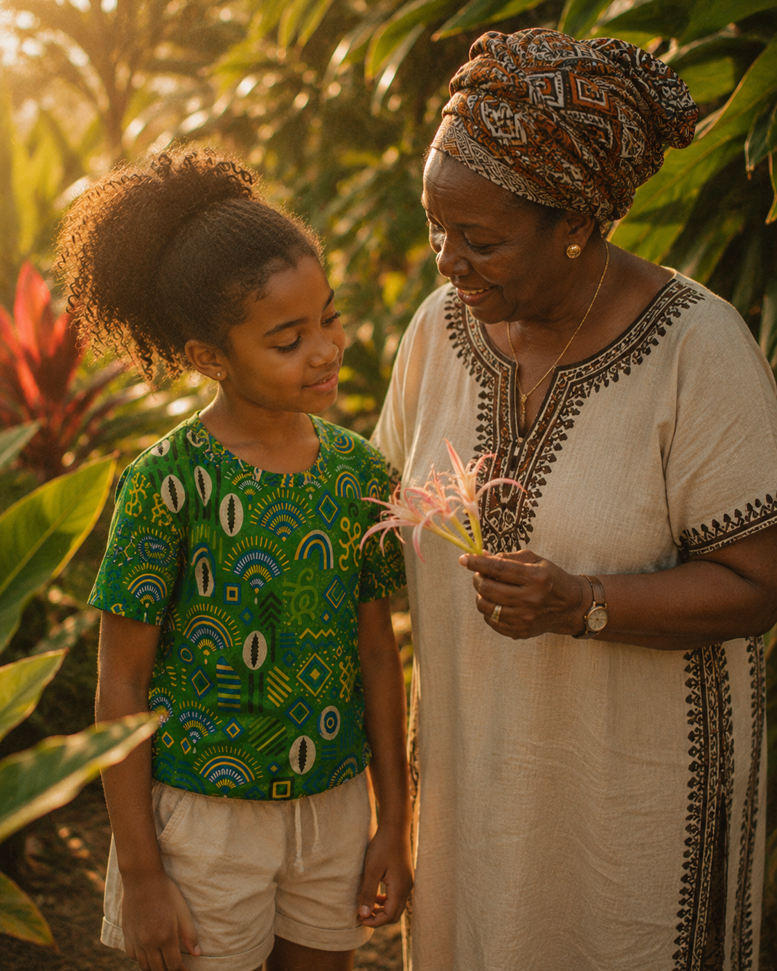 Le t-shirt Mwana rend hommage aux histoires transmises de génération en génération. Une création afro-luxe inspirée de la famille, de la nature et des patrimoines africains.