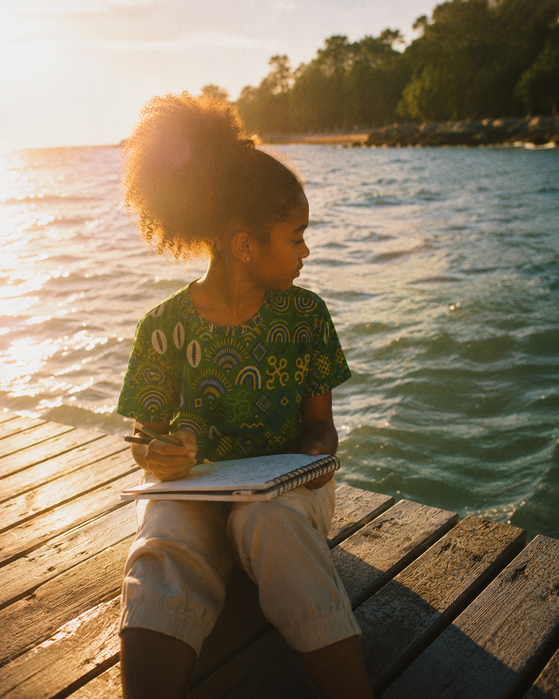 Inspiré par l'univers du souvenir, le t-shirt Mwana célèbre les moments suspendus au bord de l'océan. Une pièce afro-luxe conçue comme une histoire à porter.