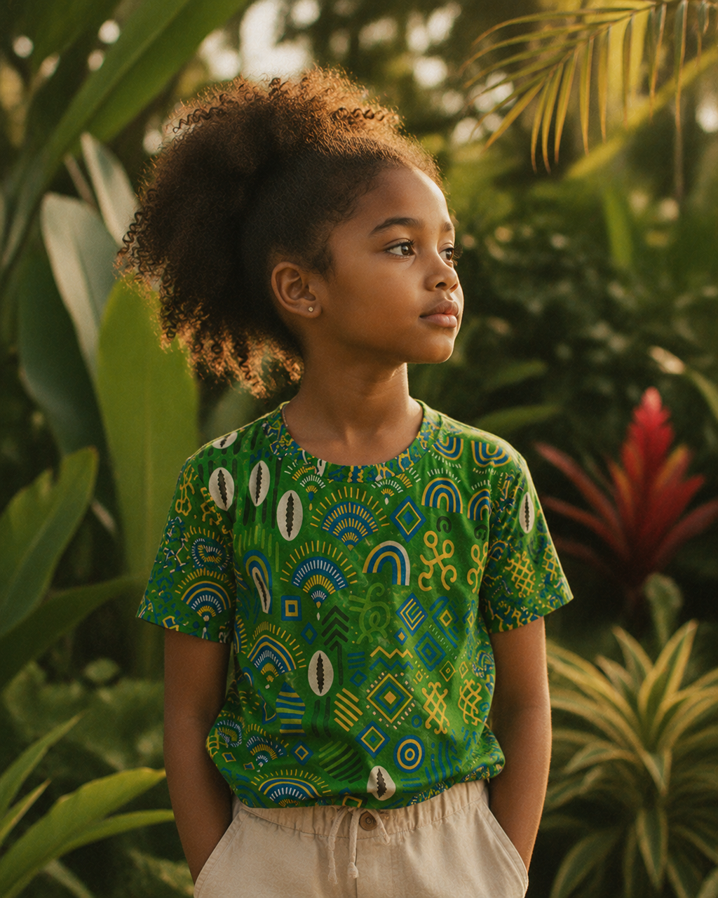 Description SEO :
Le t-shirt enfant Mwana révèle toute la richesse de ses motifs Coris exclusifs dans un décor tropical inspiré du Gabon. Une création artistique signée Élisabeth Akaïa Kaï.