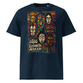 Version bleu marine du t-shirt MEBOKO. Une création artistique en coton biologique associant art africain contemporain, confort premium et fabrication responsable.