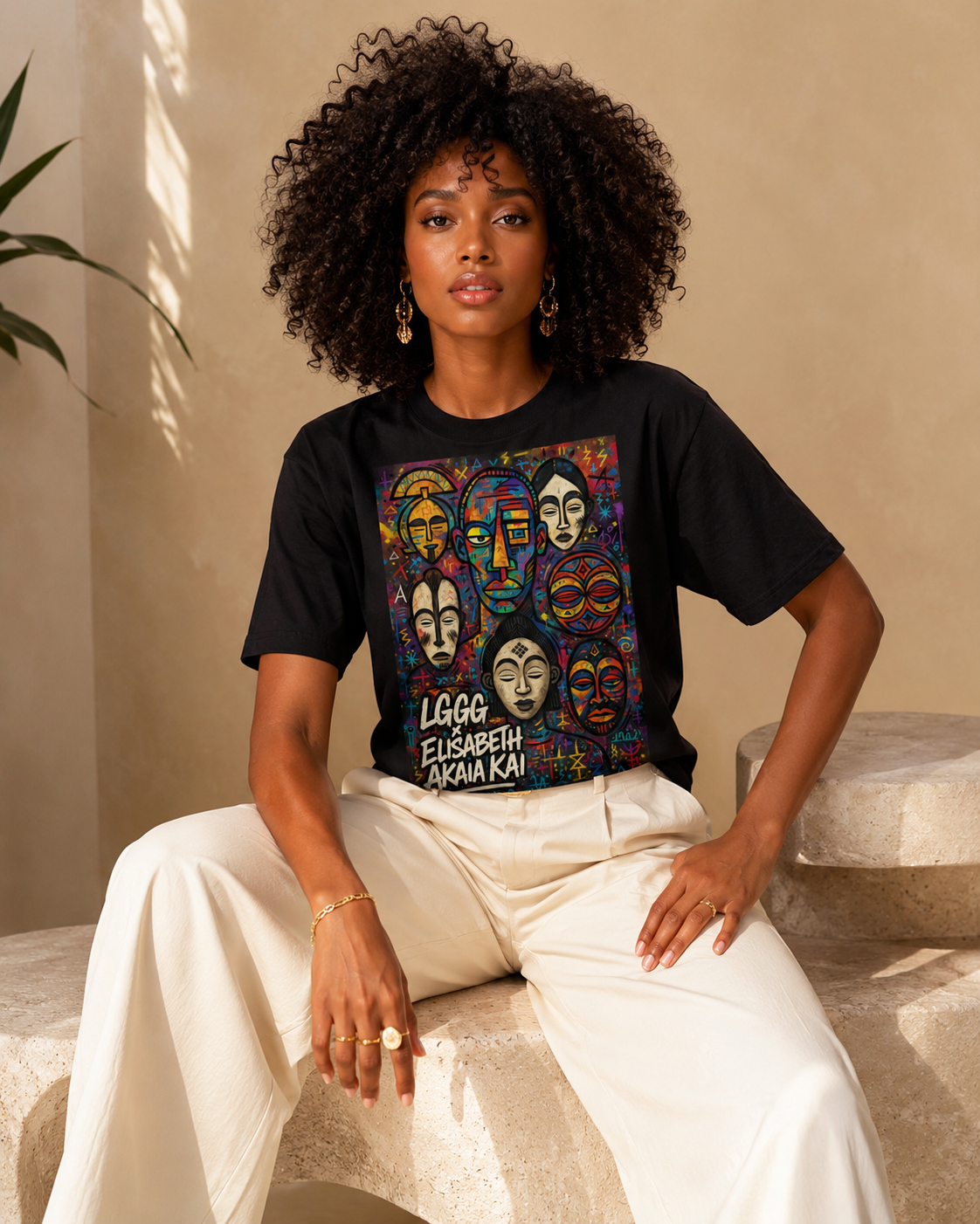 Le t-shirt artistique MEBOKO Noir signé Élisabeth Akaïa Kaï se révèle dans un portrait éditorial inspiré de l'univers Afro Luxe. Confectionné en coton biologique premium, ce modèle met à l'honneur une œuvre graphique exclusive inspirée des masques africains et de la mémoire culturelle. Une création de mode africaine contemporaine qui associe élégance, identité et luxe gabonais.