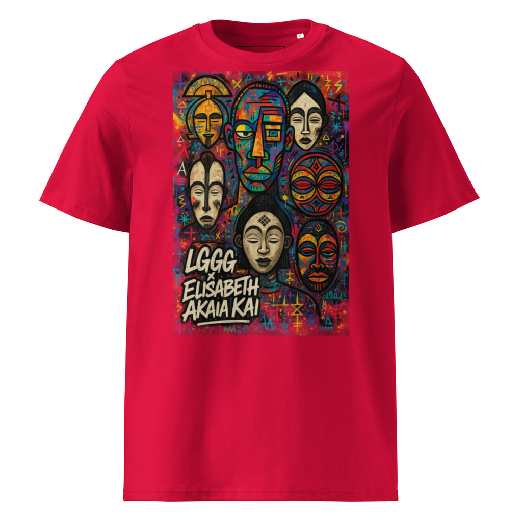 Version rouge du t-shirt MEBOKO, une pièce audacieuse où l'art contemporain rencontre l'héritage culturel africain. Confectionné en coton biologique premium.