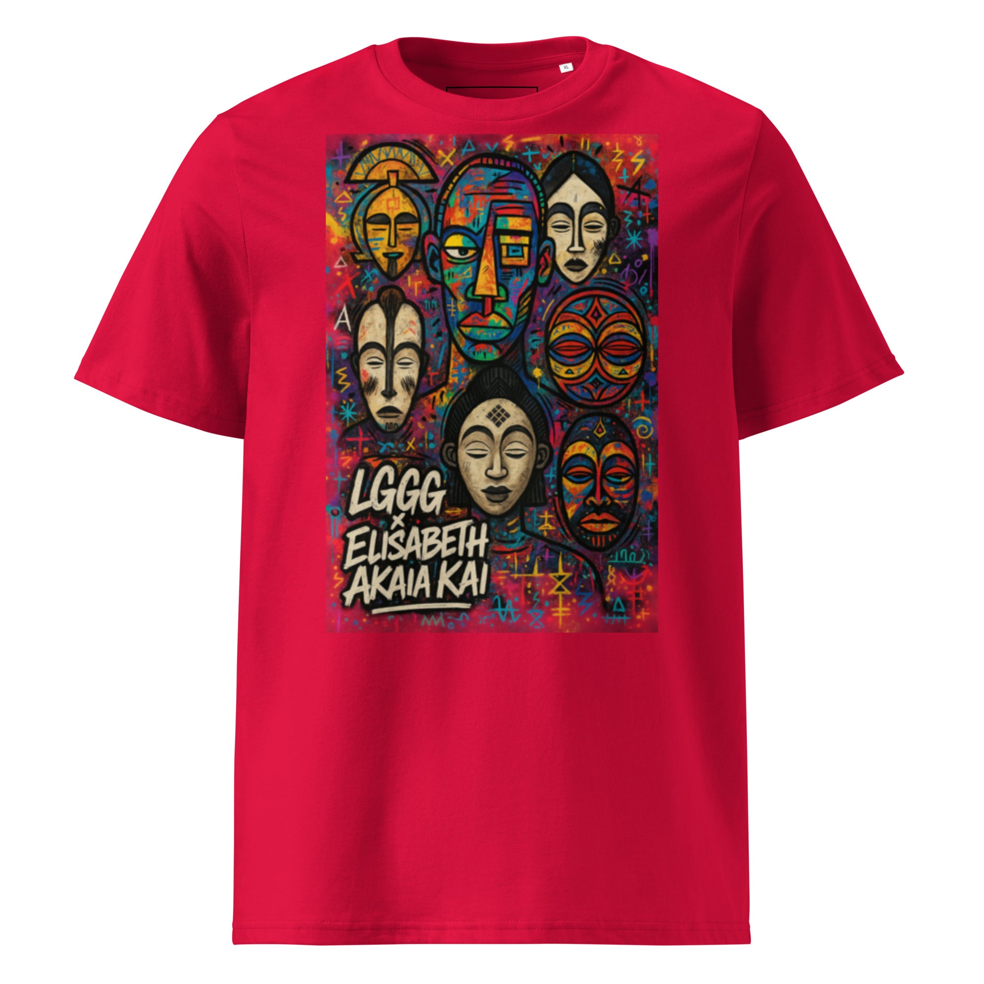 Version rouge du t-shirt MEBOKO, une pièce audacieuse où l'art contemporain rencontre l'héritage culturel africain. Confectionné en coton biologique premium.