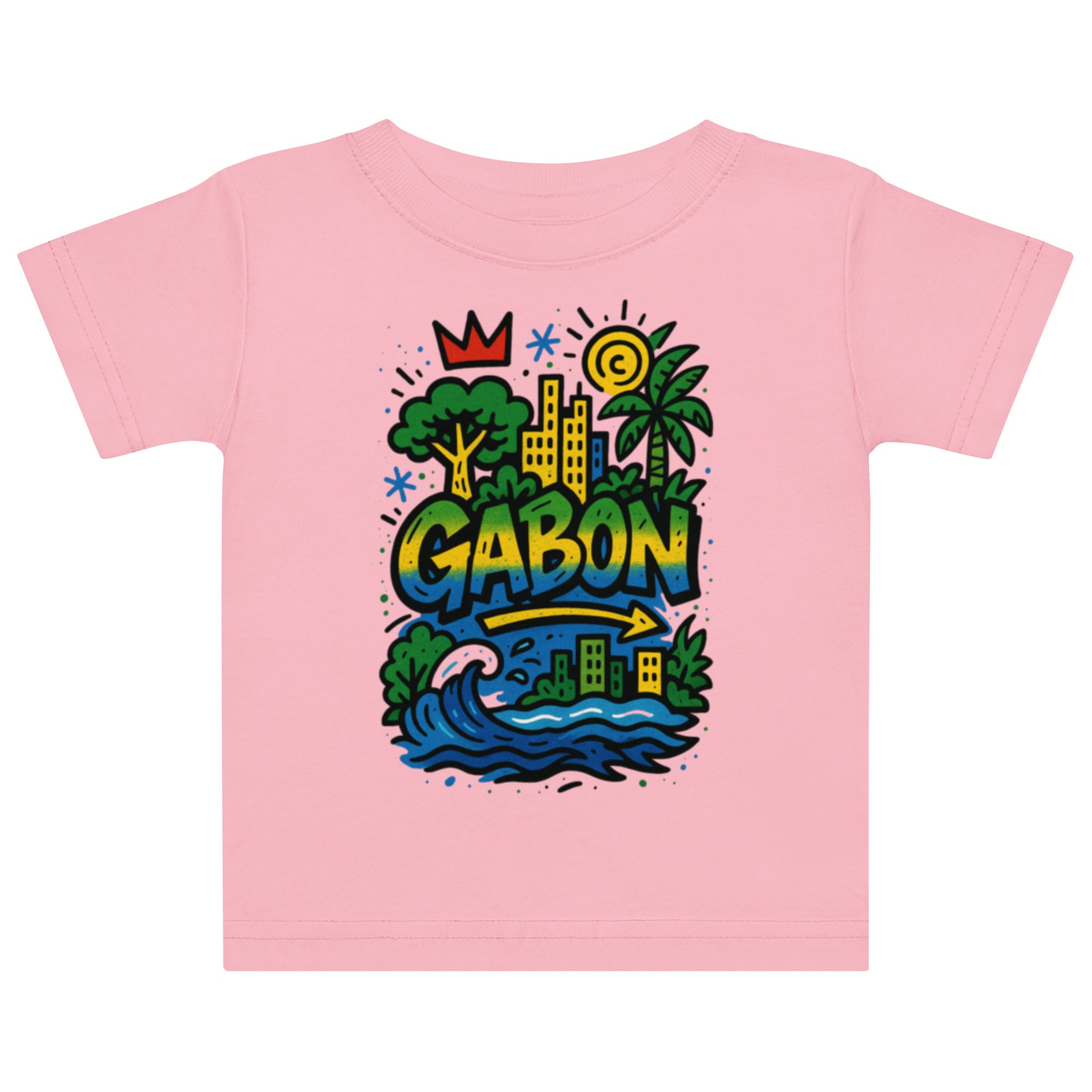 Le t-shirt enfant Ndjili se pare d'un rose poudré délicat. Une version lumineuse et poétique qui célèbre l'imaginaire, le voyage et la créativité.