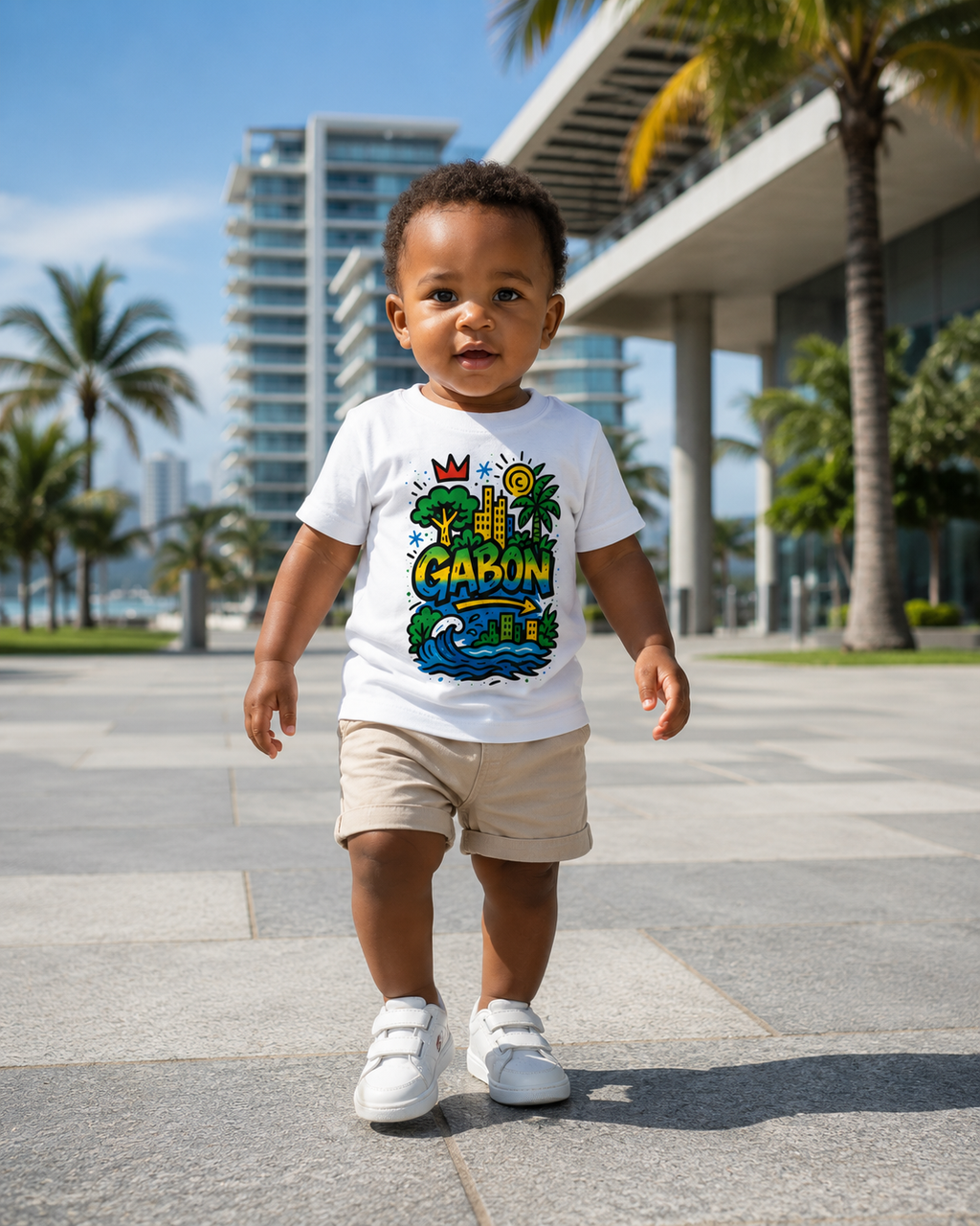 Le t-shirt enfant Ndjili accompagne les petits explorateurs dans les rues de Libreville. Une création colorée inspirée du Gabon, confectionnée pour allier confort, liberté de mouvement et élégance du quotidien.