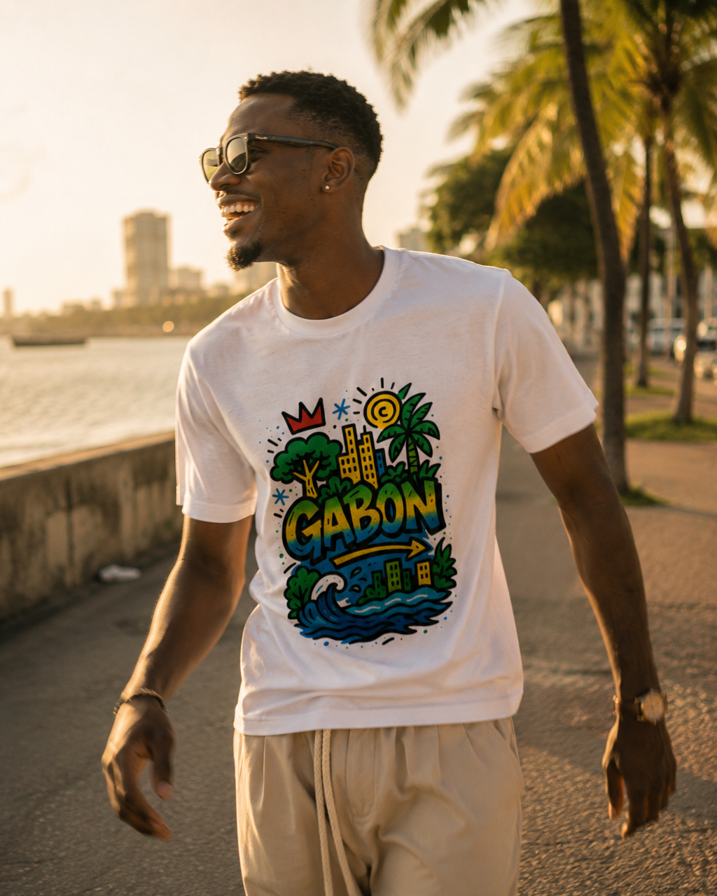 Une campagne lifestyle solaire où le T-shirt Ndjili accompagne le mouvement, le voyage et l’élégance naturelle inspirée du Gabon contemporain.