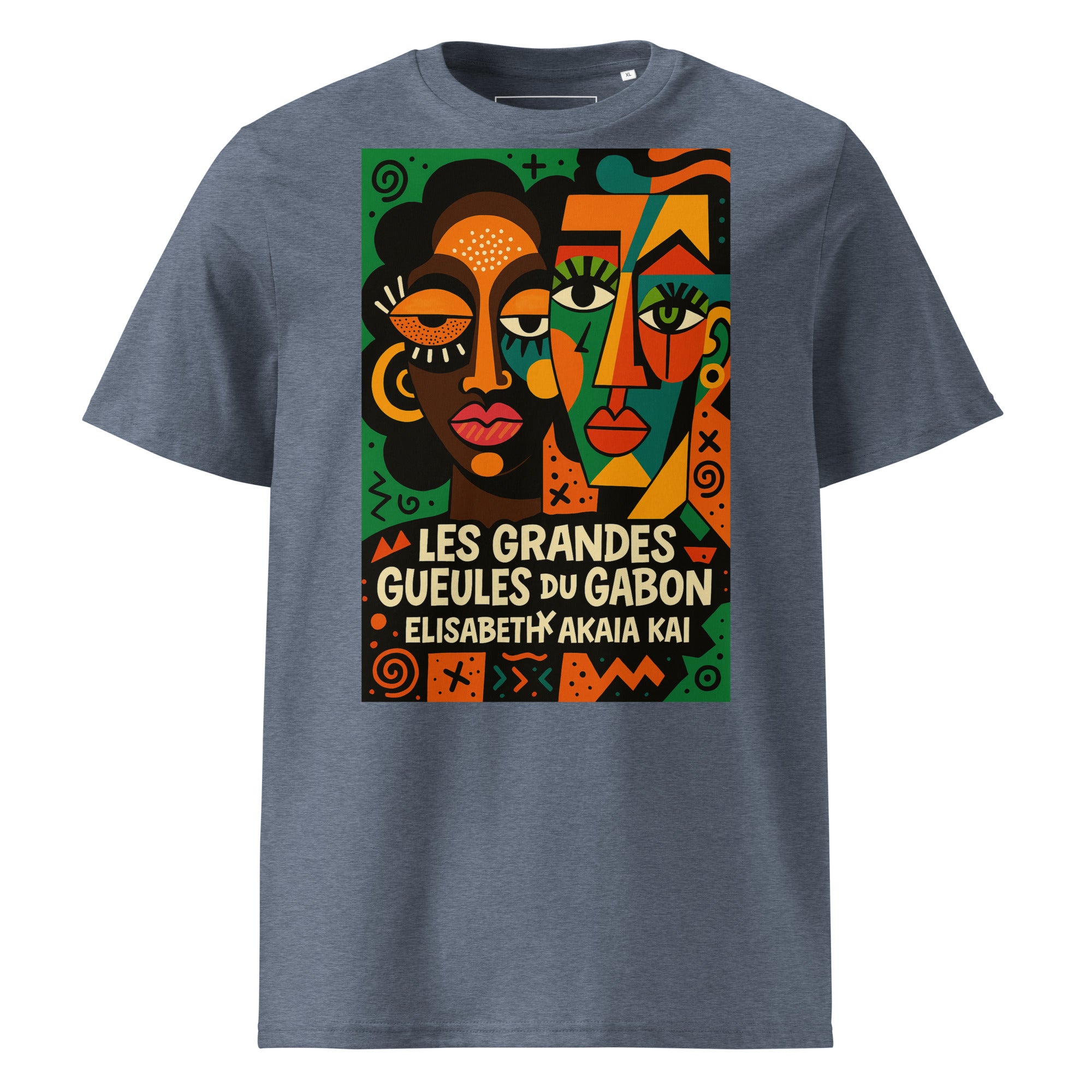T-shirt bleu ardoise Les Grandes Gueules du Gabon, pièce afro luxe à illustration artistique contemporaine.