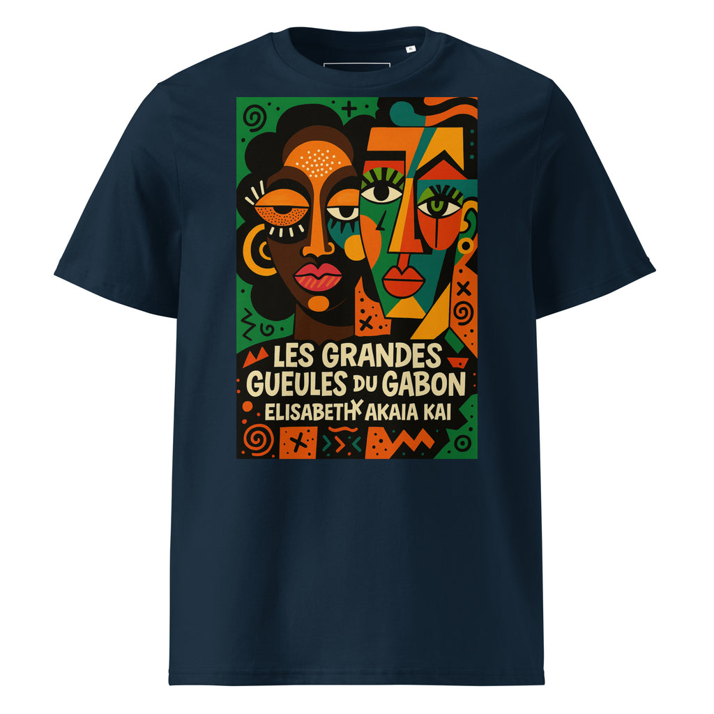 T-shirt bleu marine Les Grandes Gueules du Gabon avec illustration afro contemporaine colorée Élisabeth Akaïa Kaï.