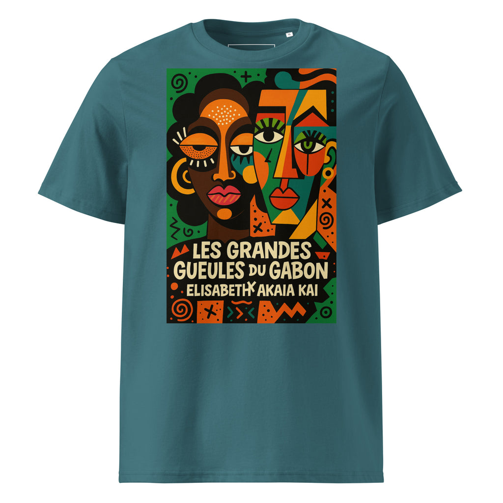 T-shirt bleu pétrole Les Grandes Gueules du Gabon avec imprimé graphique, création de mode gabonaise contemporaine.