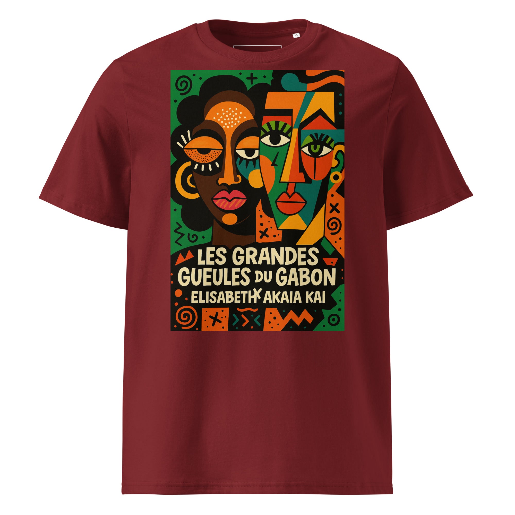 T-shirt bordeaux Les Grandes Gueules du Gabon avec œuvre graphique colorée, création afro luxe Élisabeth Akaïa Kaï.