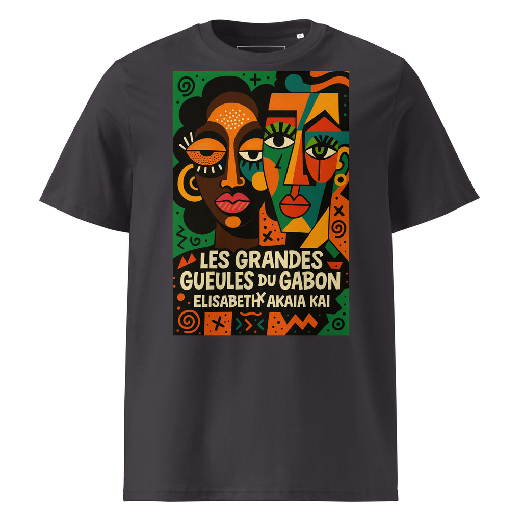 T-shirt gris charbon Les Grandes Gueules du Gabon, pièce graphique de mode africaine contemporaine Élisabeth Akaïa Kaï.