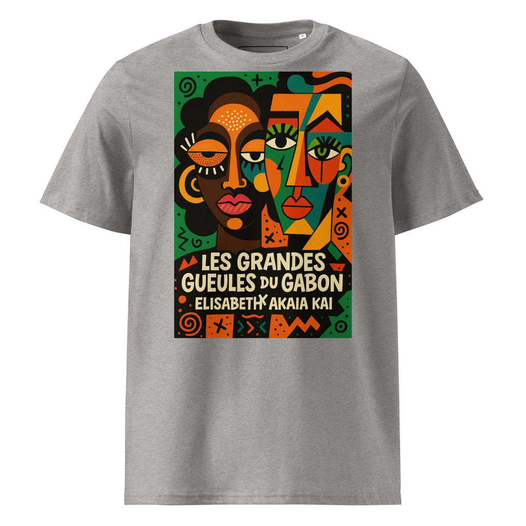 T-shirt gris clair Les Grandes Gueules du Gabon avec imprimé artistique inspiré des identités africaines contemporaines.