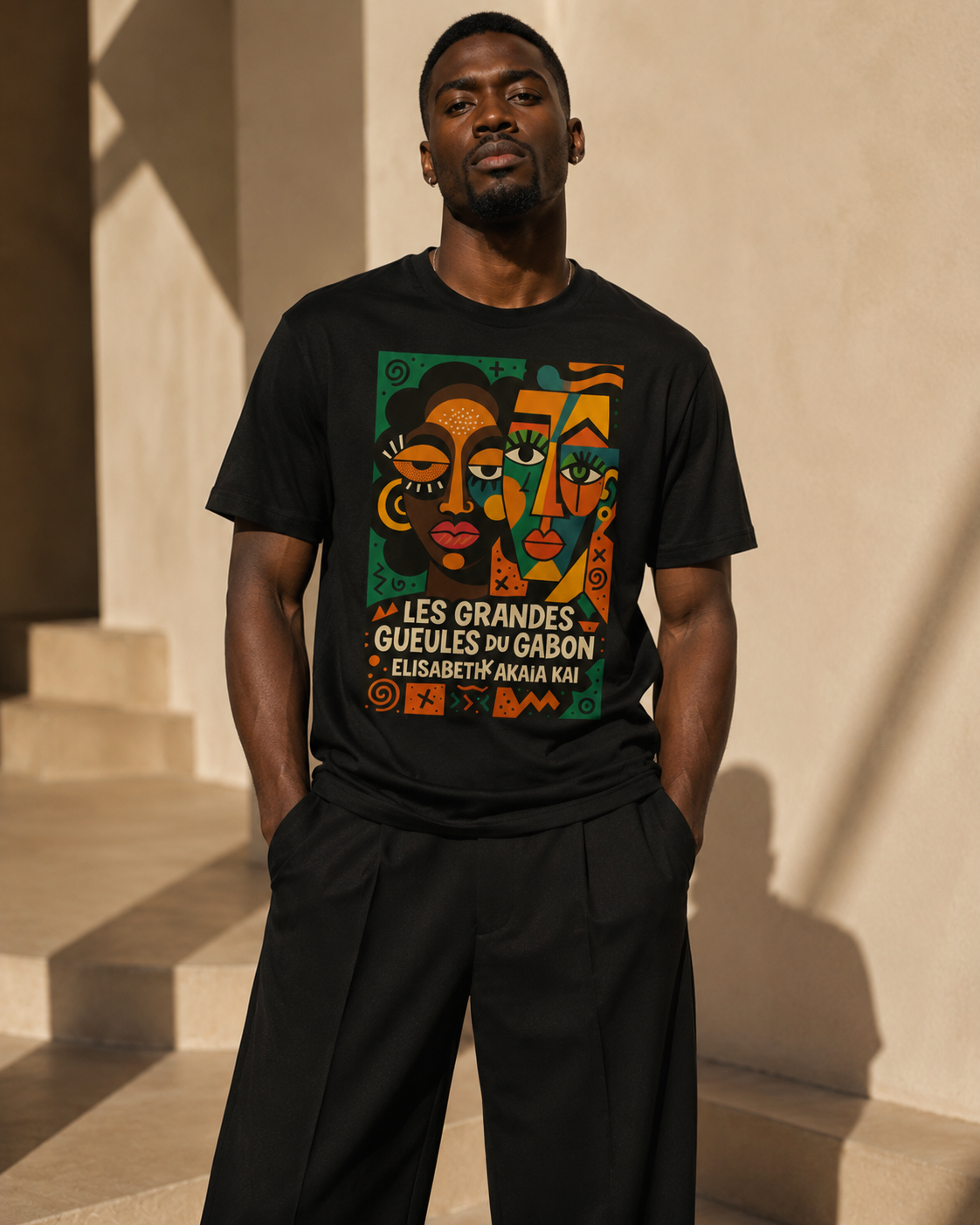 Mannequin homme noir portant le t-shirt Les Grandes Gueules du Gabon avec pantalon noir, mode gabonaise contemporaine Élisabeth Akaïa Kaï.