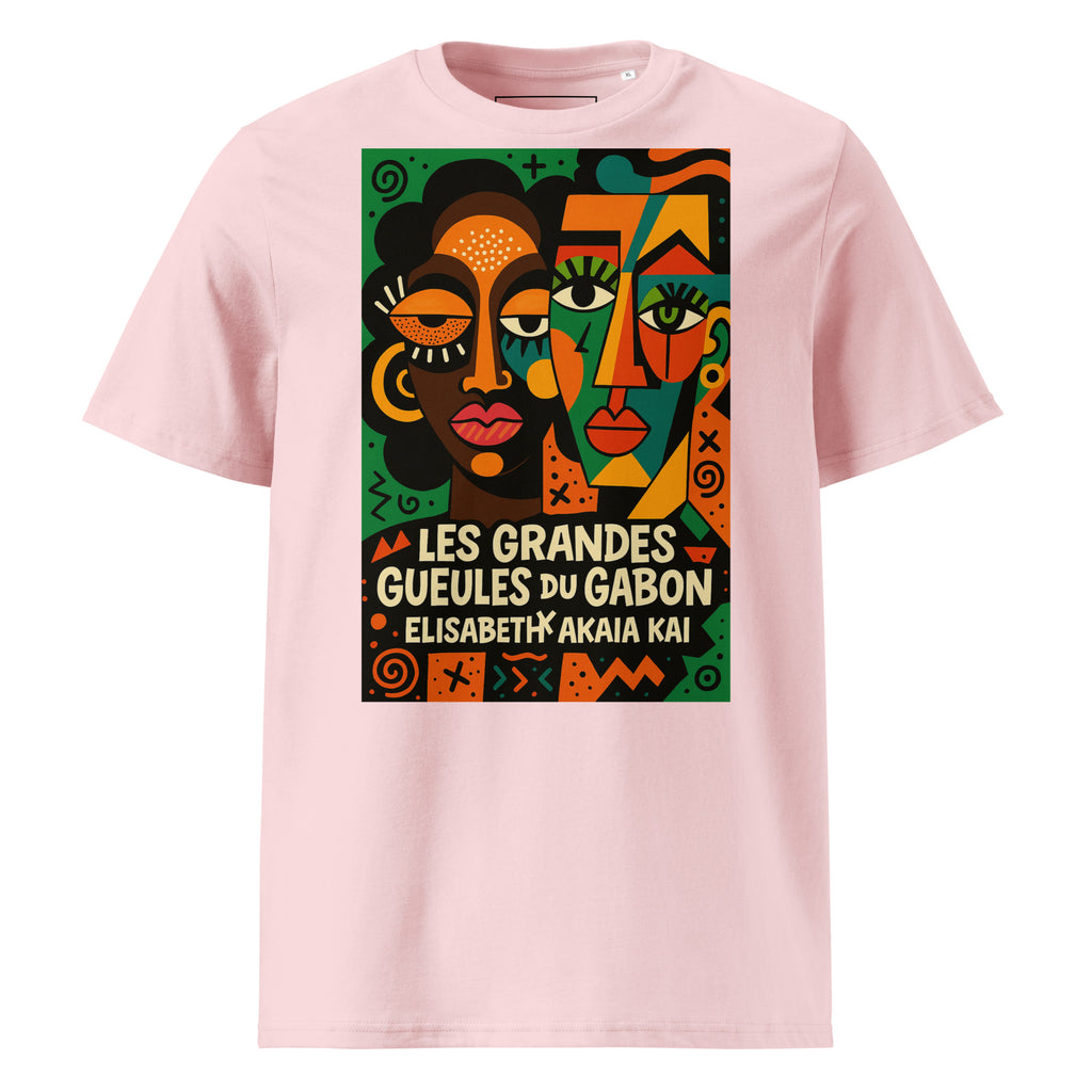 T-shirt rose poudré Les Grandes Gueules du Gabon avec illustration artistique colorée de la Maison Élisabeth Akaïa Kaï.
