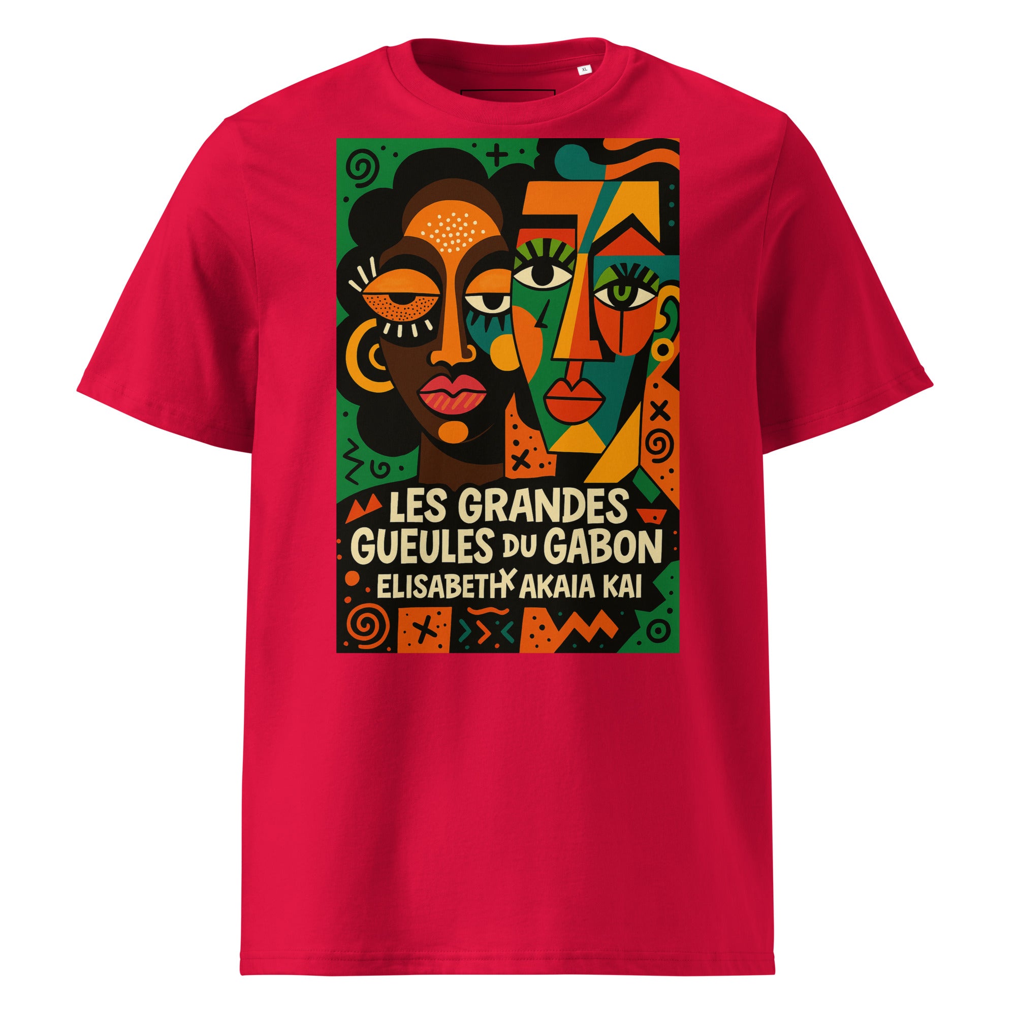 T-shirt rouge Les Grandes Gueules du Gabon avec illustration artistique africaine contemporaine aux couleurs vibrantes.