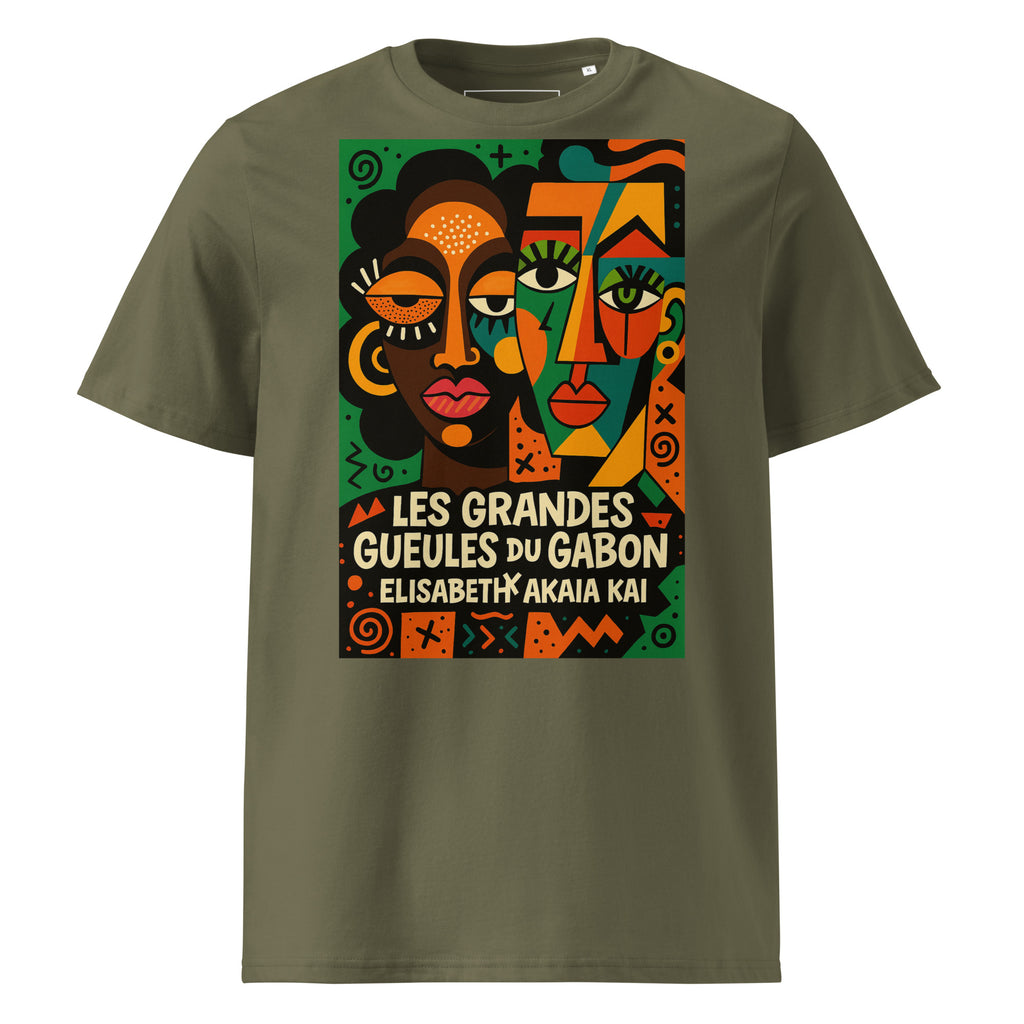 T-shirt vert olive Les Grandes Gueules du Gabon avec œuvre graphique colorée signée Élisabeth Akaïa Kaï.