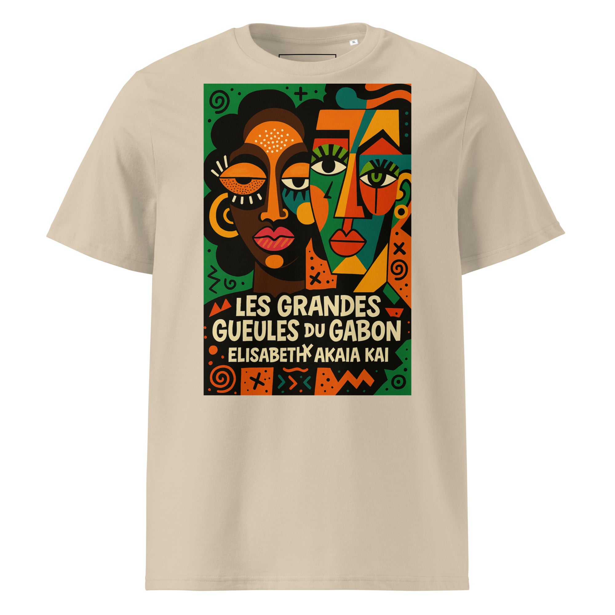 T-shirt écru Les Grandes Gueules du Gabon avec illustration colorée, création artistique Élisabeth Akaïa Kaï.