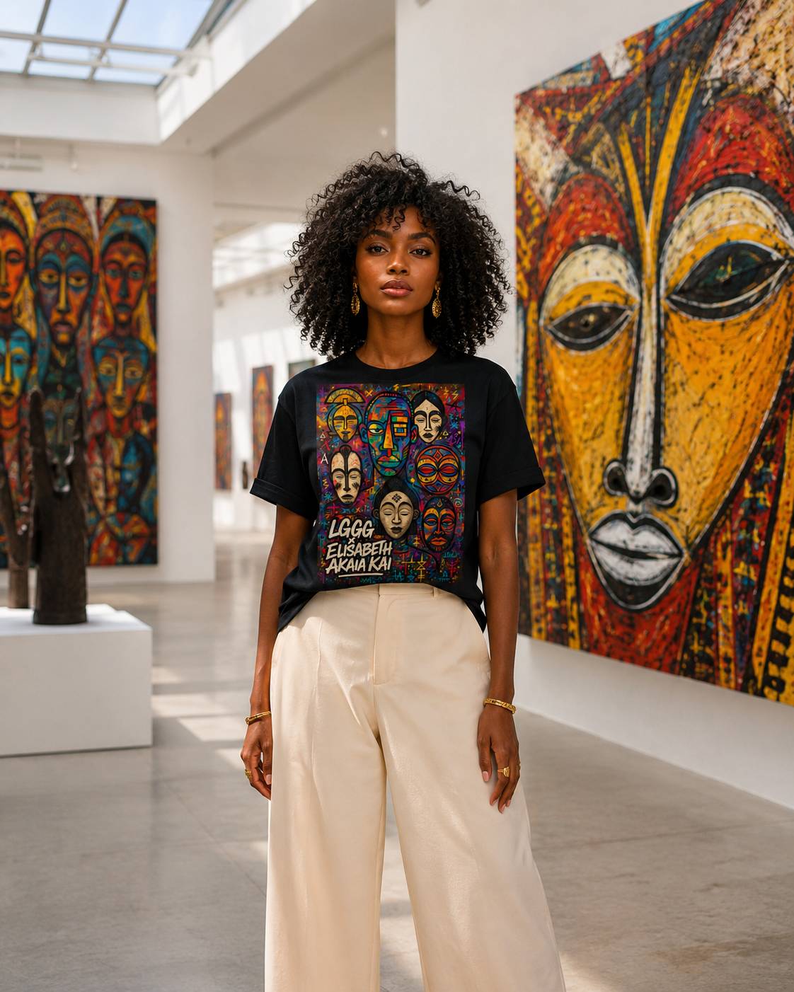 Photographié au cœur d'une galerie d'art contemporain, le t-shirt MEBOKO Noir célèbre la rencontre entre mode africaine, création artistique et luxe culturel. Son imprimé exclusif inspiré des visages de la mémoire transforme le vêtement en œuvre à porter. Une pièce emblématique de l'univers Élisabeth Akaïa Kaï, maison de mode Afro Luxe.