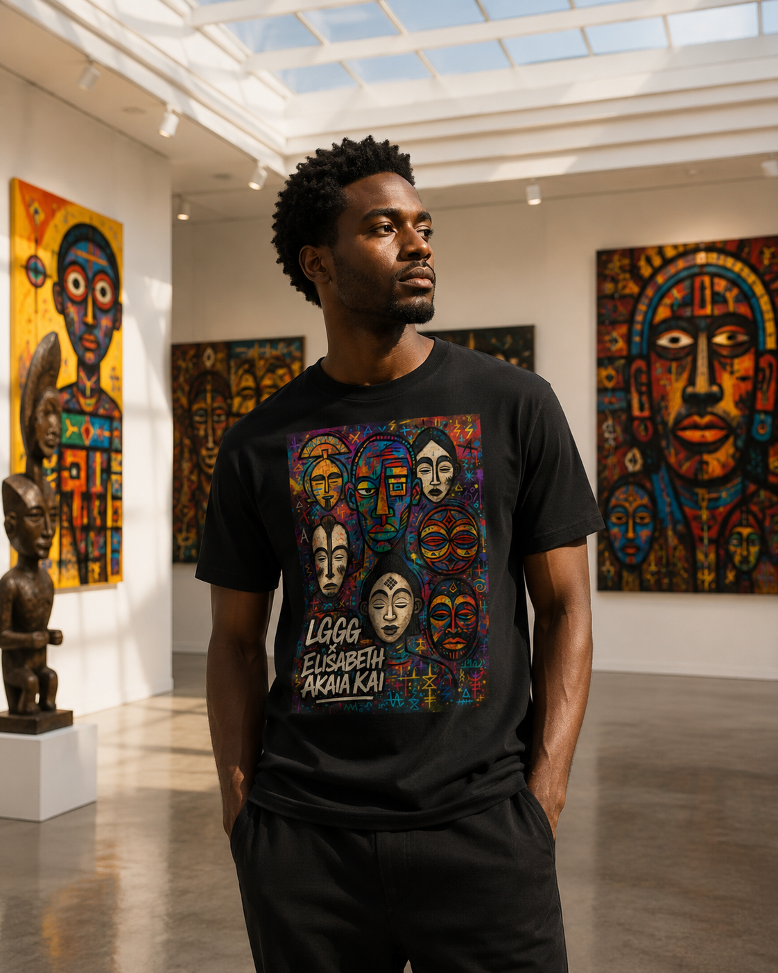 Porté dans un univers artistique contemporain, le t-shirt MEBOKO Noir affirme son identité entre art africain, création textile et élégance contemporaine. Son imprimé exclusif transforme ce vêtement en véritable œuvre à porter, conçue en édition limitée par la maison Élisabeth Akaïa Kaï.