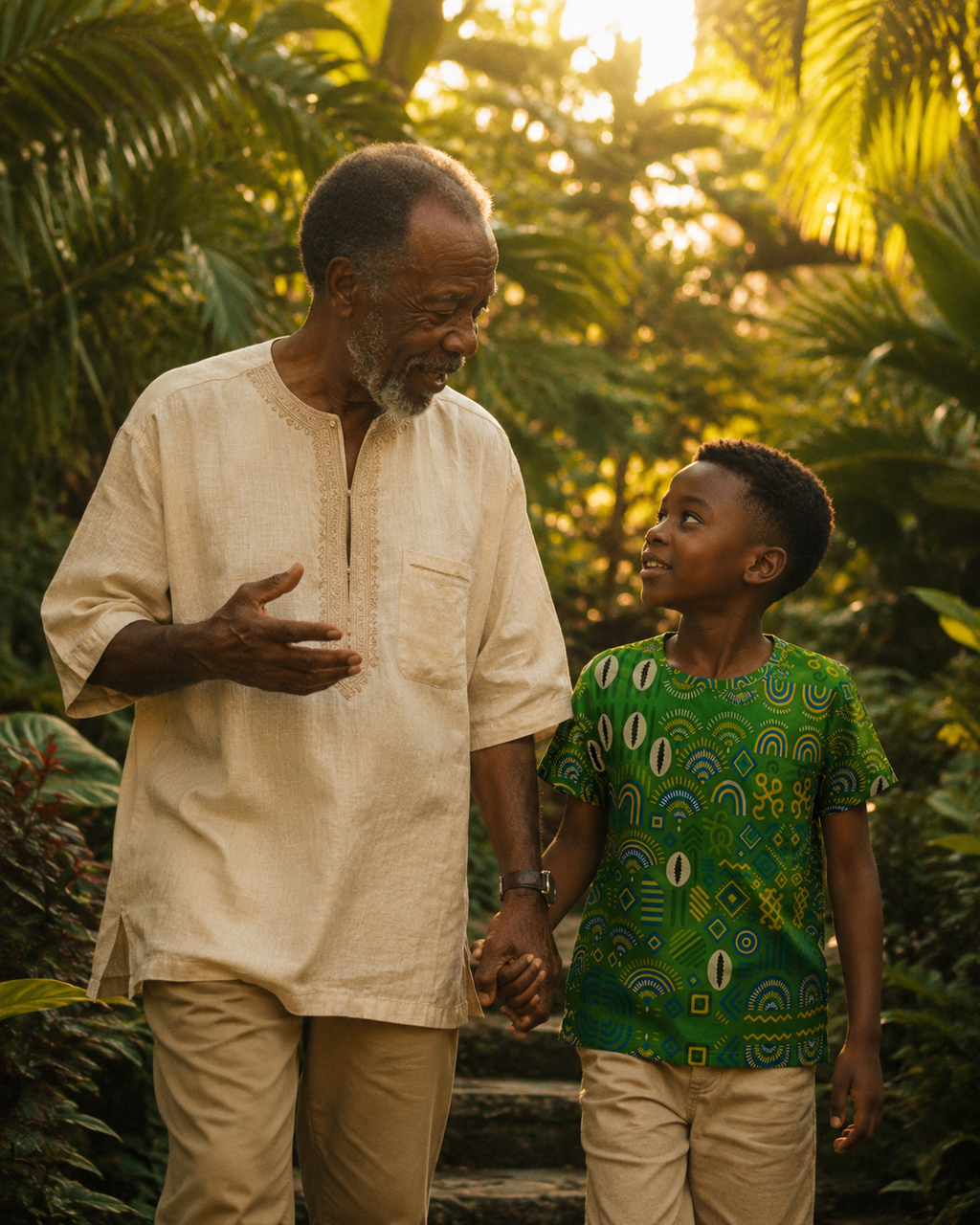 Le t-shirt Mwana incarne les liens entre générations. Une création inspirée de l'héritage africain, des histoires transmises et des souvenirs précieux partagés en famille.