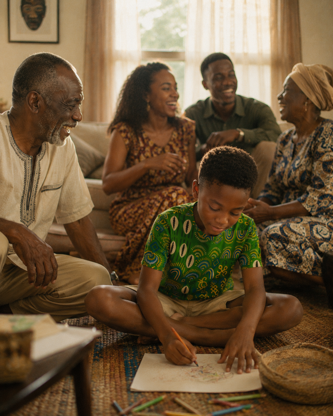 Le t-shirt Mwana s'inscrit dans les instants simples qui deviennent des souvenirs précieux : une création afro-luxe pensée pour accompagner les moments de partage en famille.