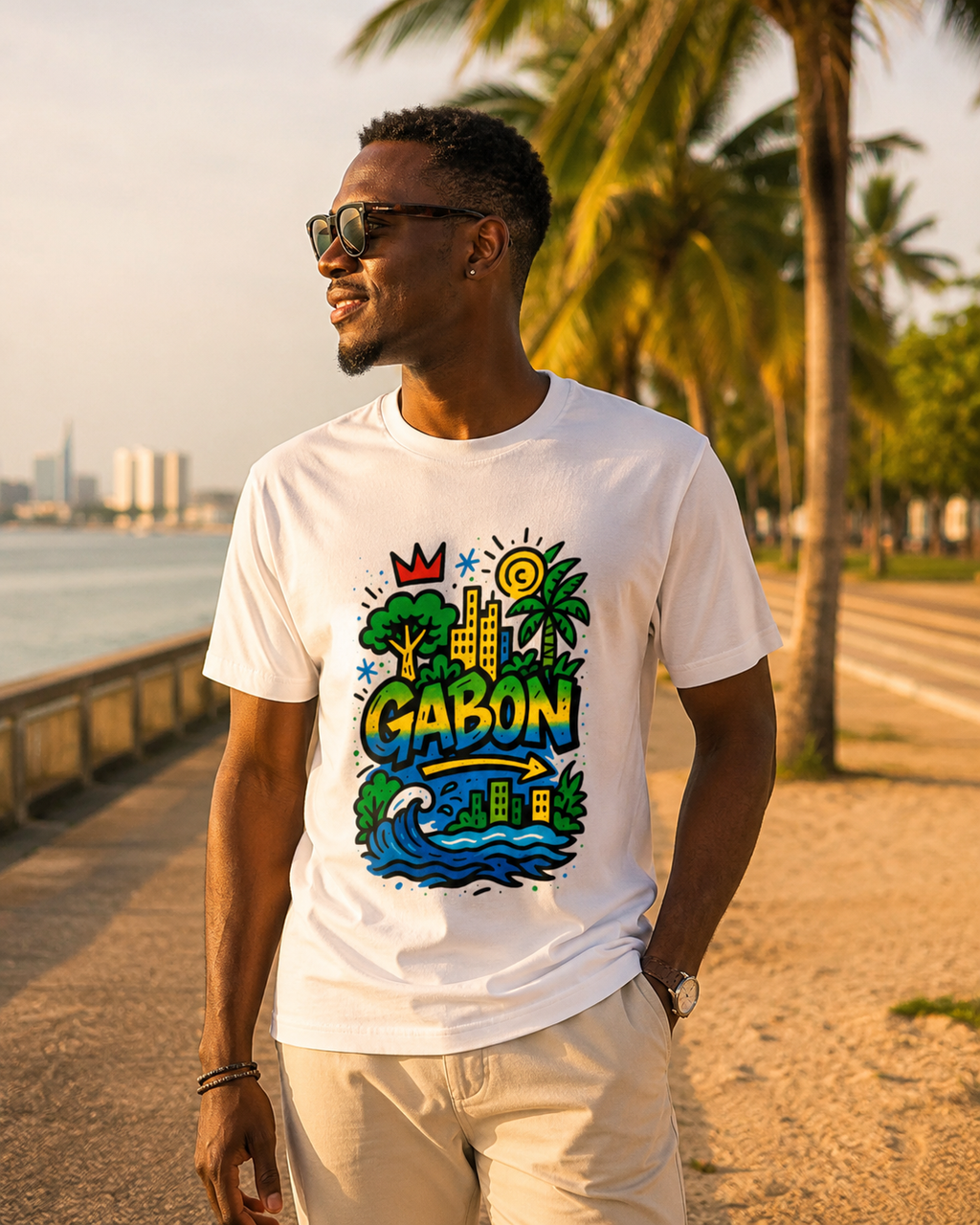 Le T-shirt Ndjili Libreville Royale s’inspire de l’énergie solaire du Gabon. Une pièce en coton biologique mêlant voyage, style urbain et élégance contemporaine.