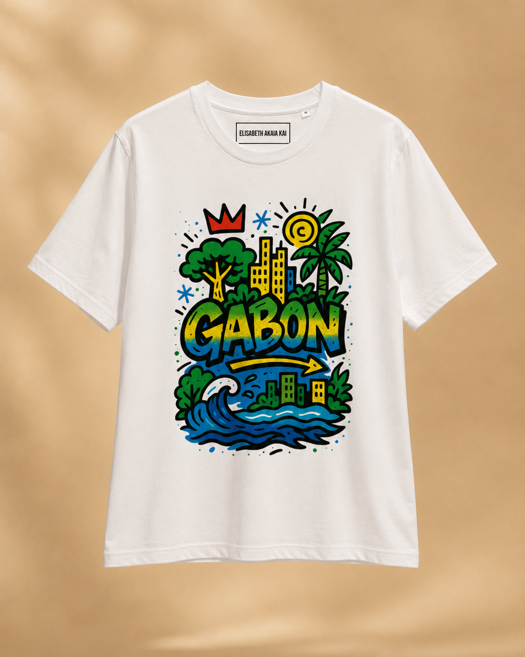 Vue avant du T-shirt homme Ndjili Libreville Royale en coton biologique. Illustration artistique inspirée de Libreville et de l’univers afro luxe contemporain.