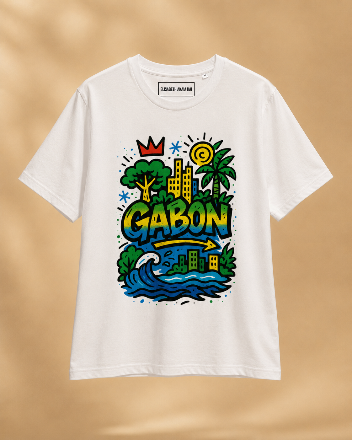 Vue avant du T-shirt homme Ndjili Libreville Royale en coton biologique. Illustration artistique inspirée de Libreville et de l’univers afro luxe contemporain.