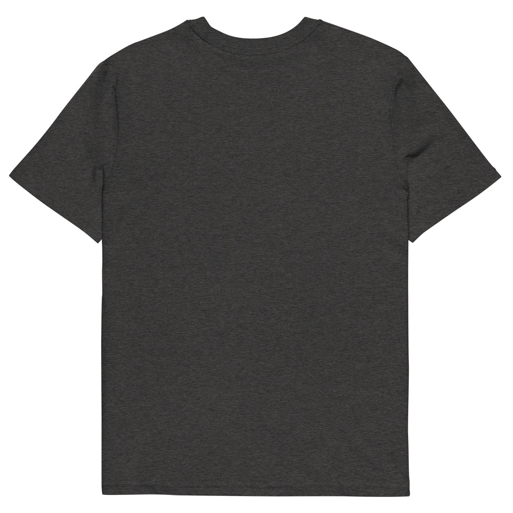 T-shirt gris foncé chiné en coton bio, imprimé vibrant “GABON”, pièce afro luxe durable et exclusive.