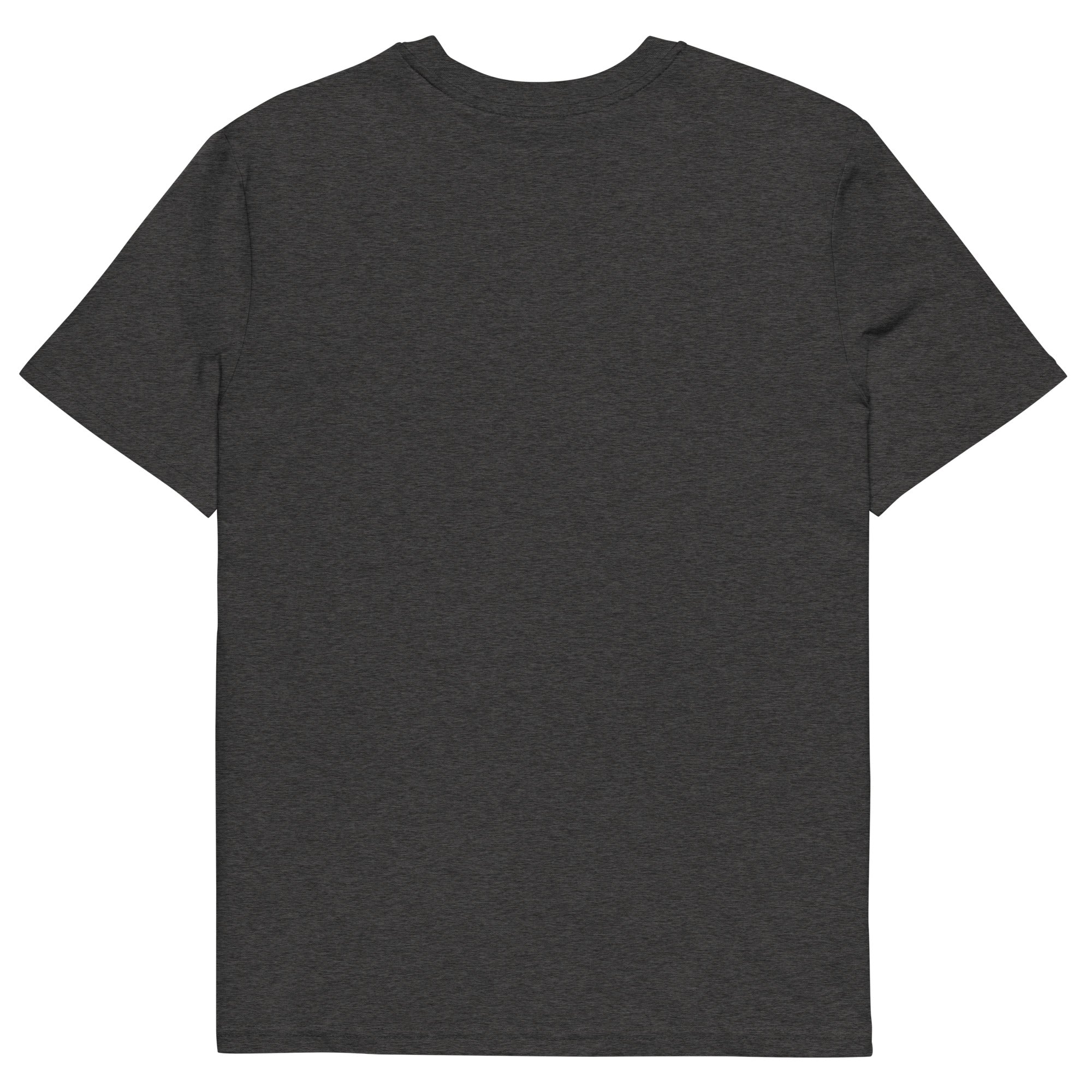 T-shirt gris foncé chiné en coton bio, imprimé vibrant “GABON”, pièce afro luxe durable et exclusive.