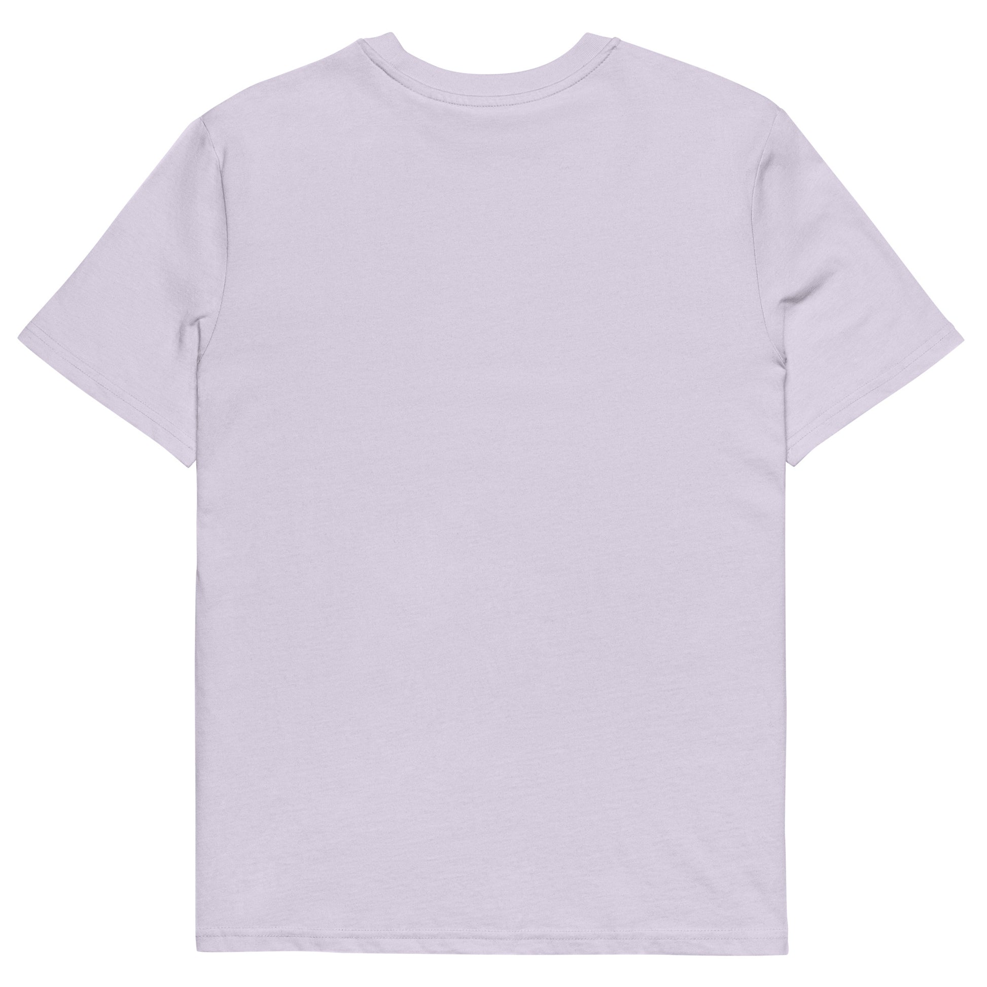 T-shirt lavande clair coton bio, imprimé Gabon coloré jaune, vert et bleu, coupe unisexe afro luxe.