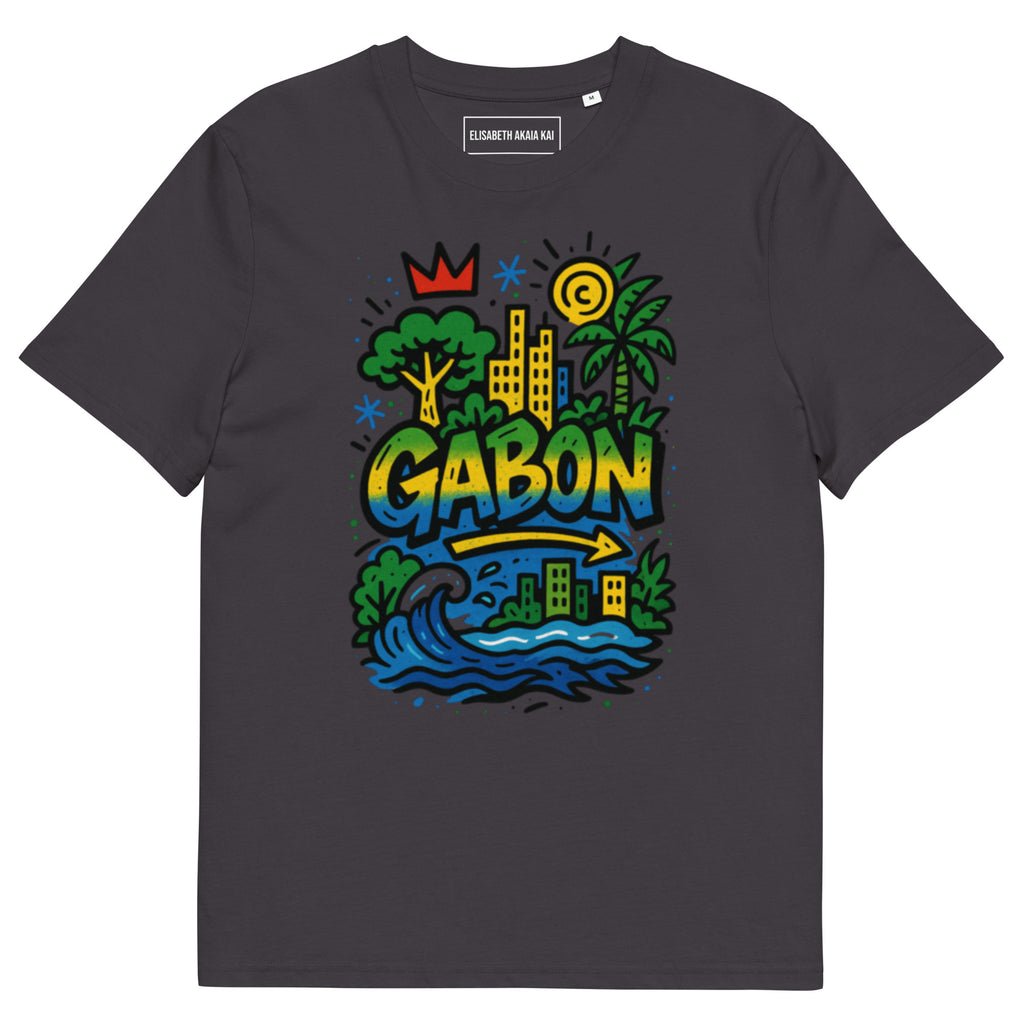 T-shirt anthracite coton bio, imprimé Gabon coloré avec motifs tropicaux, coupe unisexe afro luxe.