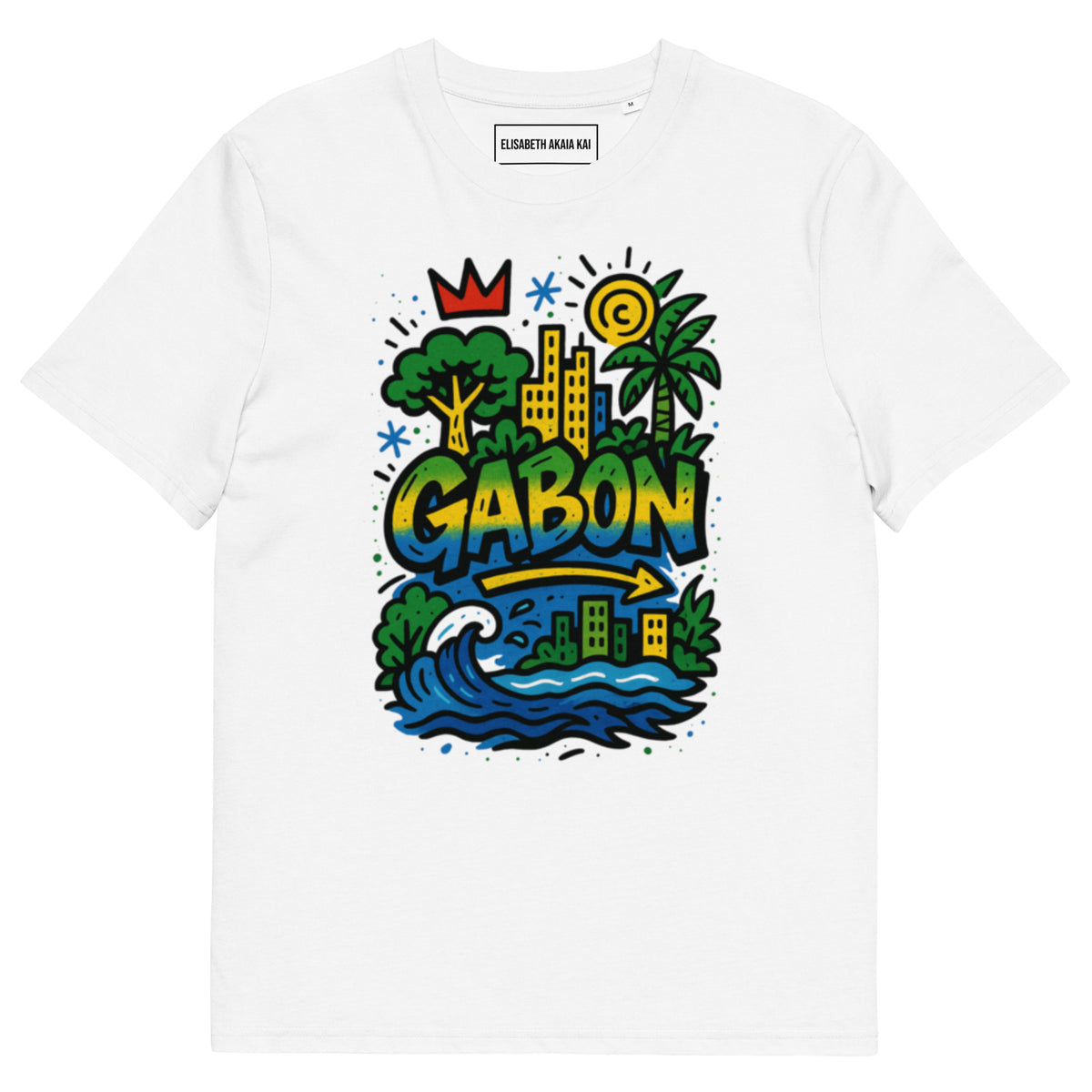 T-shirt blanc en coton biologique, imprimé coloré “GABON” inspiré du Gabon Luxe, coupe unisexe mode afro luxe.